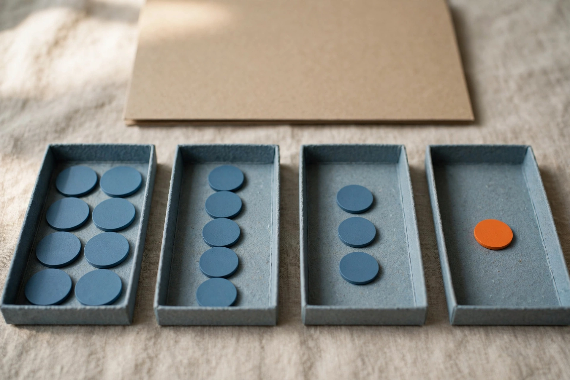 Four shallow trays with blue tokens show progression, and a fourth tray contains a single orange token.