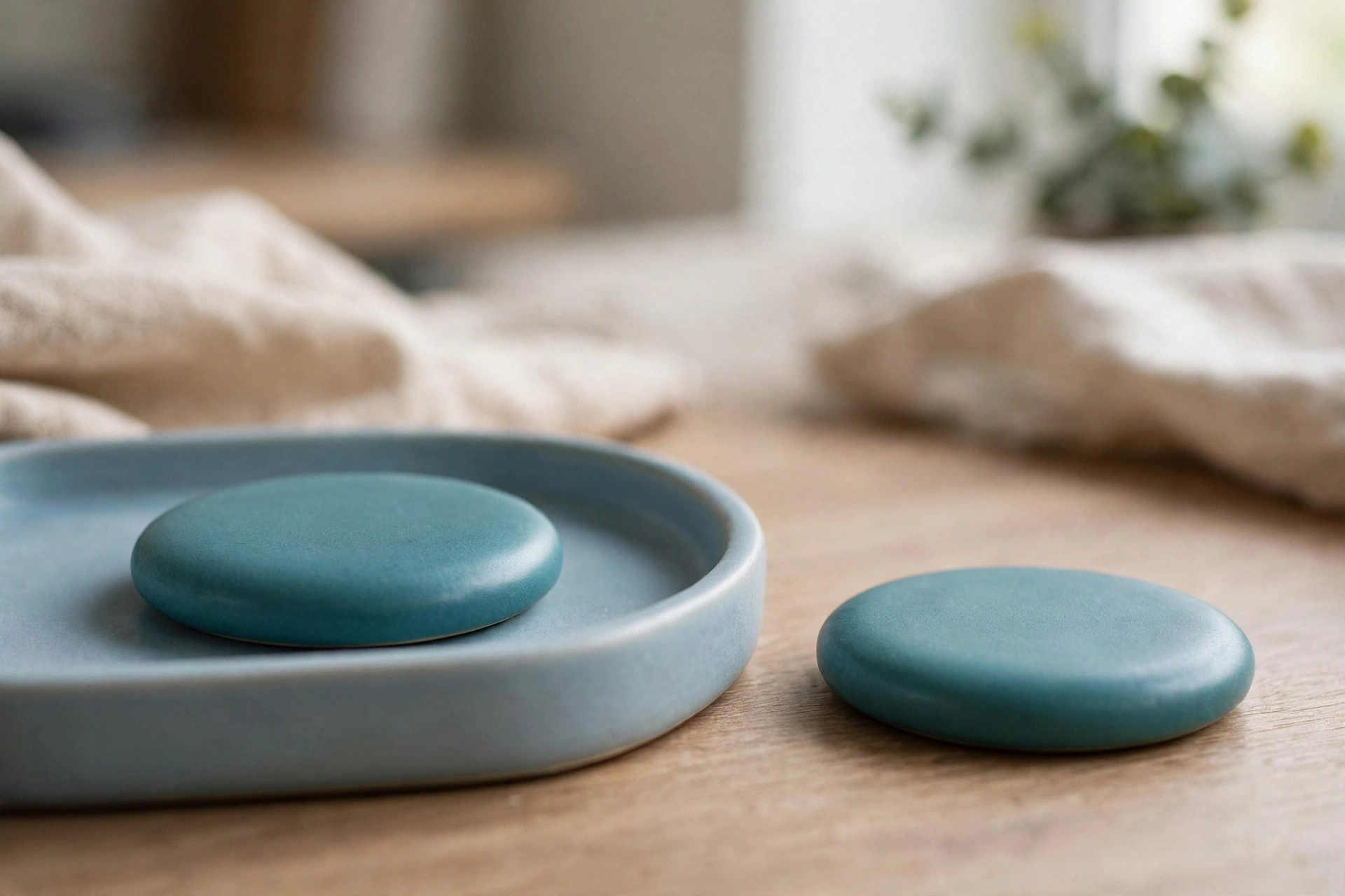 Two identical teal discs are shown, one resting in a blue tray and the other placed separately on a wooden desk.