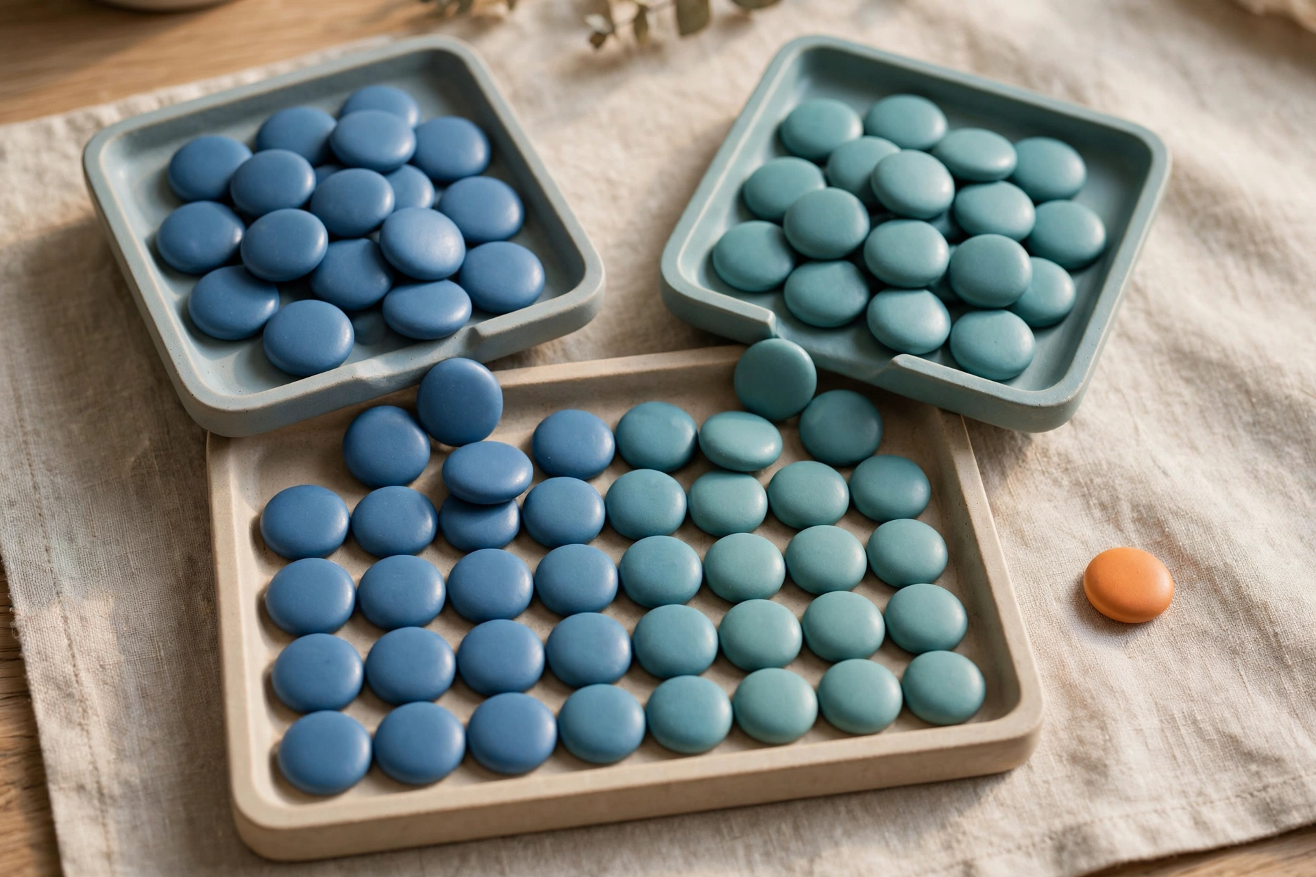 Two square trays of blue and teal tokens are shown converging into a single larger tray, with one orange token isolated to the side.