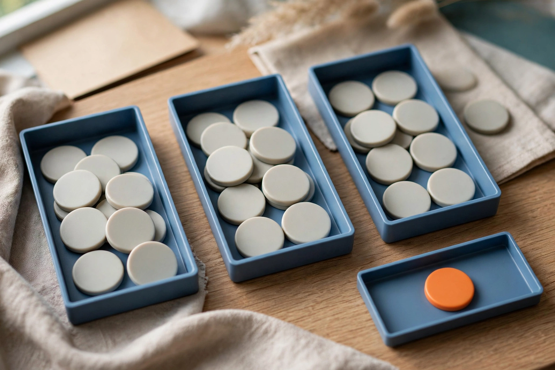Three blue trays hold white tokens, and a fourth blue tray holds a single orange token on a wooden surface.