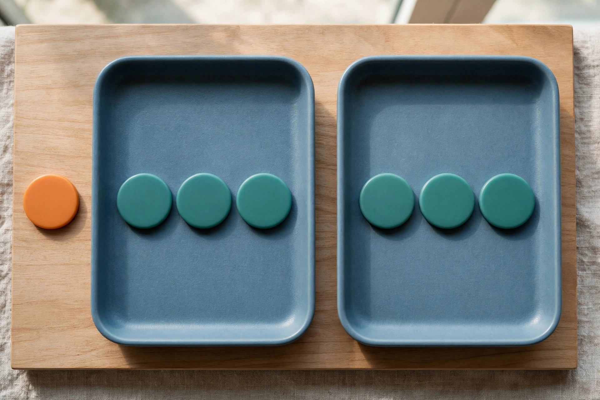 Two blue trays hold rows of teal tokens, with an orange token placed beside the left tray.