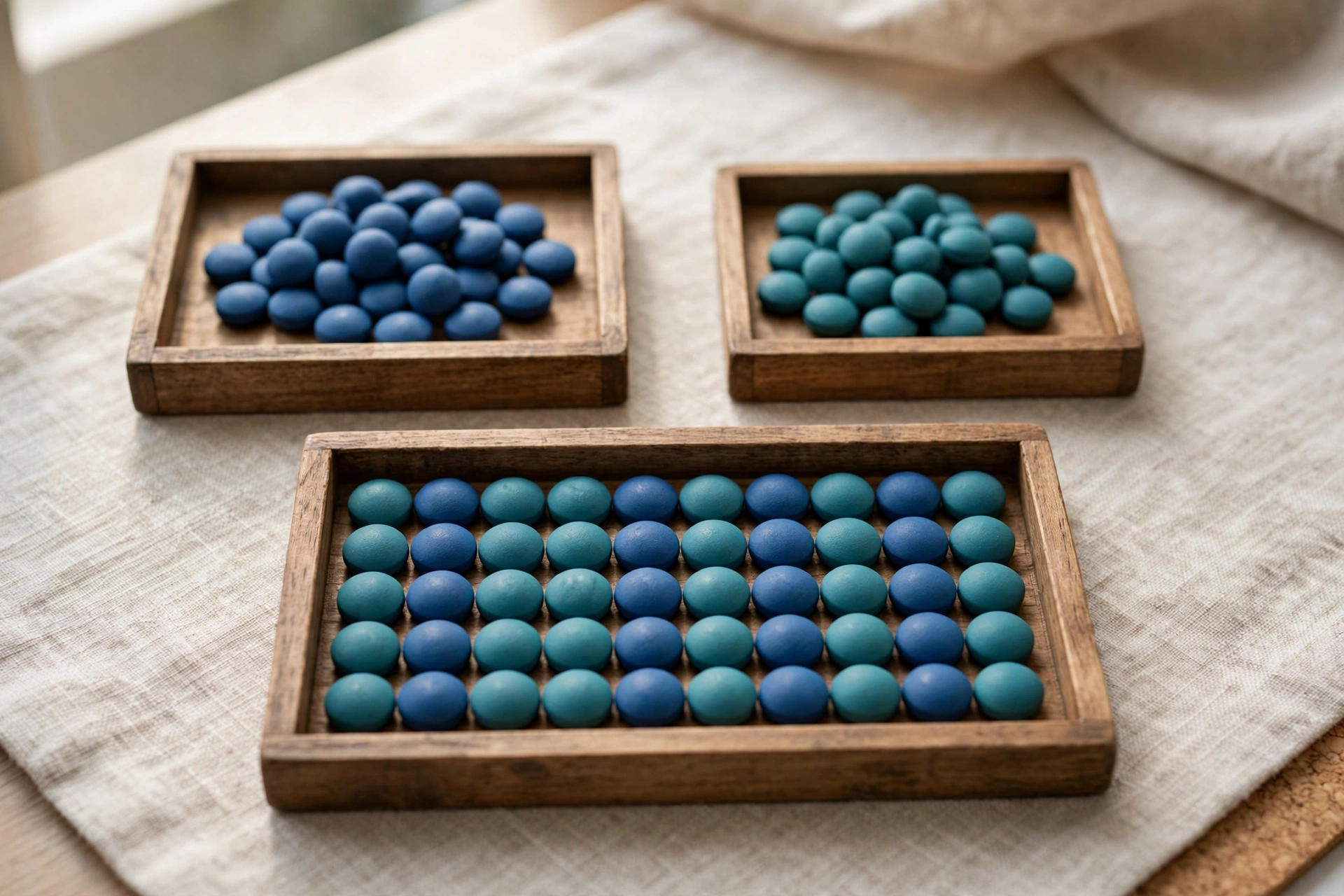 Three wooden trays with blue and teal tokens are arranged on a textured cloth, symbolizing the integration of different data sets.
