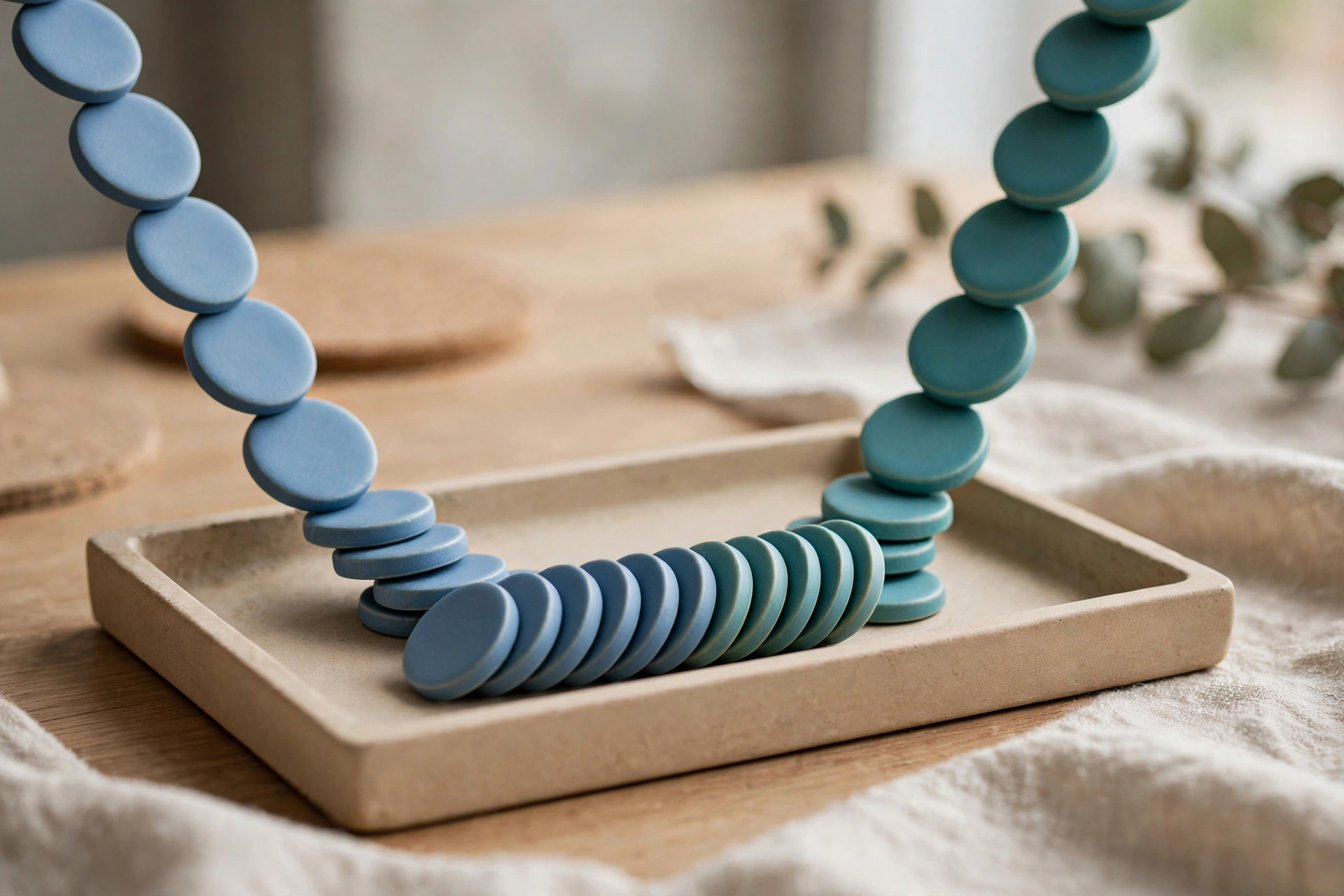 Two strands of blue and teal circular tokens converge into a single ordered row within a shallow tray on a wooden surface.