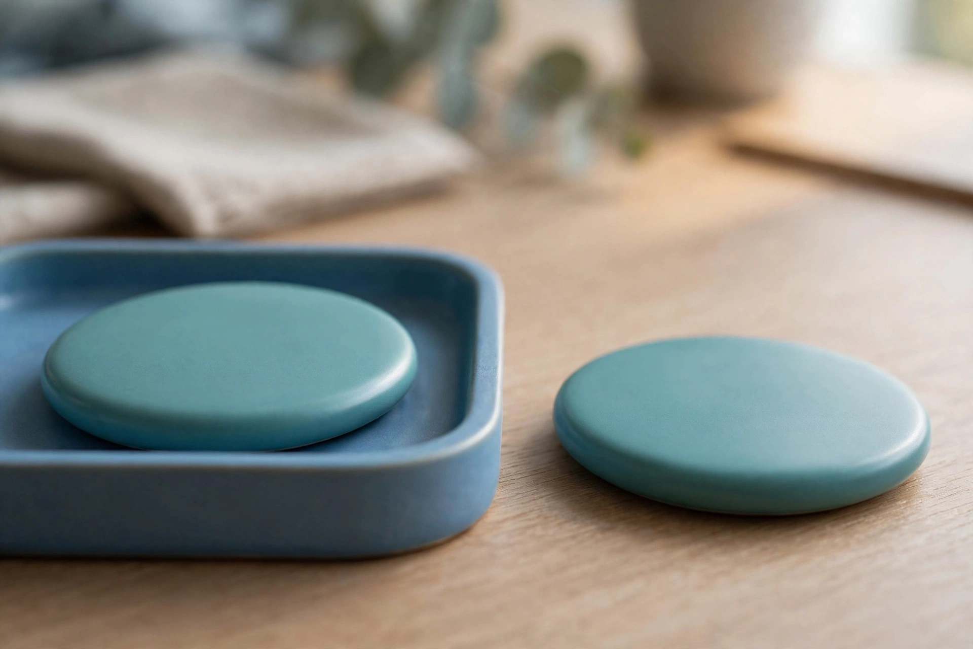 Two identical teal discs are shown on a wooden desk; one disc rests inside a blue tray, while the other sits separately beside it.