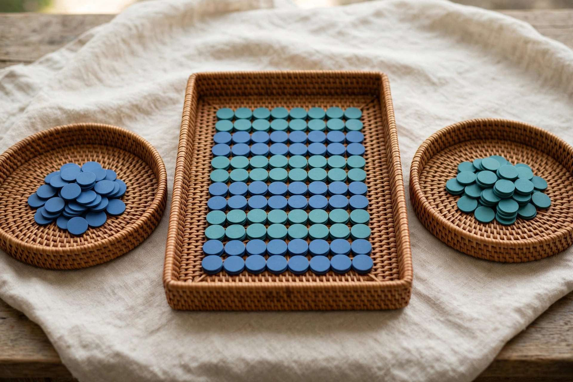 Two small woven baskets hold piles of blue and teal tokens, with a larger woven tray in the center containing a neat arrangement of both token colors.
