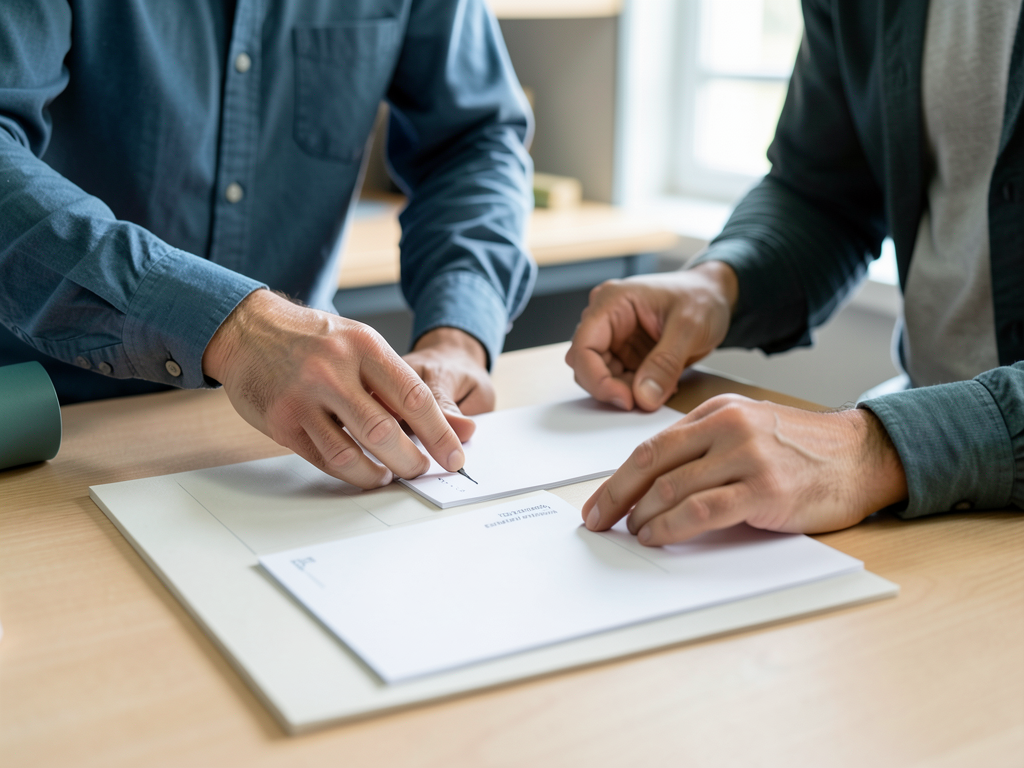 Two colleagues examine and arrange white paper samples on a wooden desk in a studio setting.
