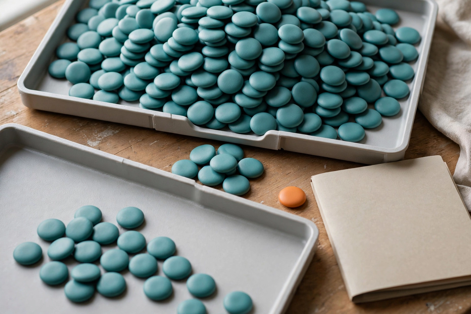 Teal tokens fill one tray, with some tokens in another tray and a group between them, next to an orange token and a closed folder.