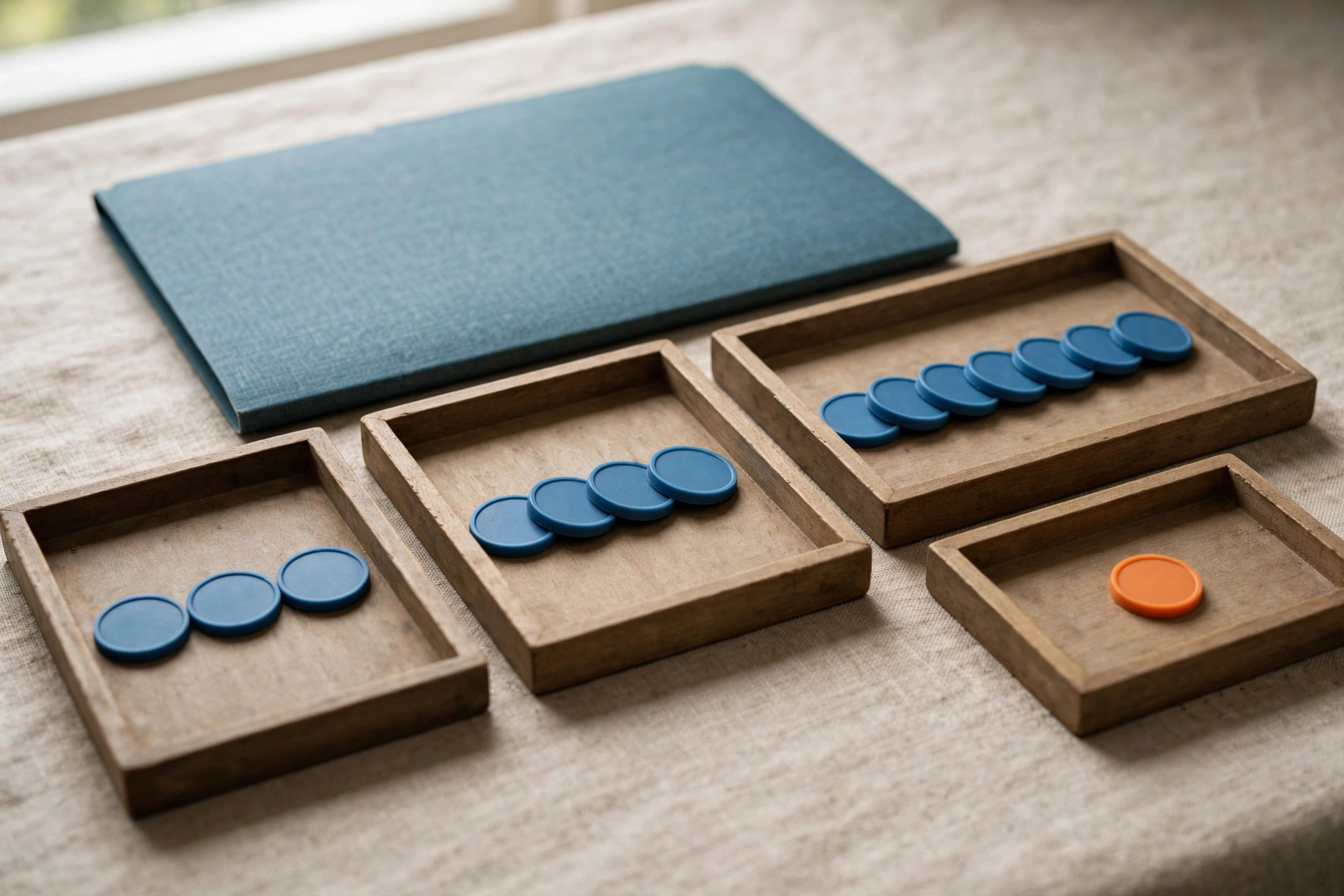 Four wooden trays with blue tokens arranged in increasing numbers, and a separate tray with a single orange token, with a blue folder behind.