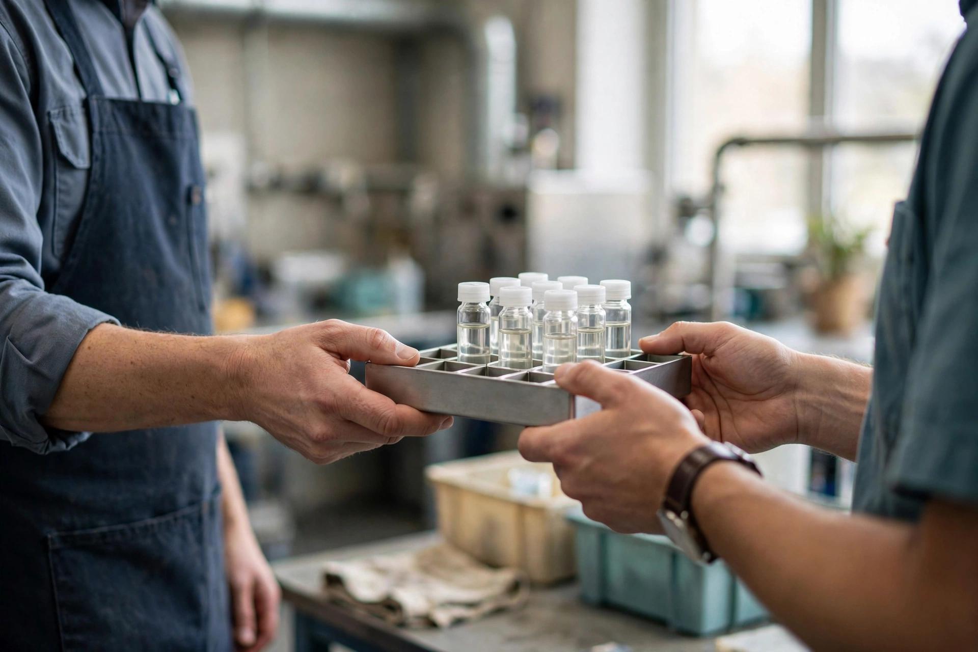 A plant operations colleague in an apron hands a sample tray of vials to a customer-facing teammate in a manufacturing workshop.