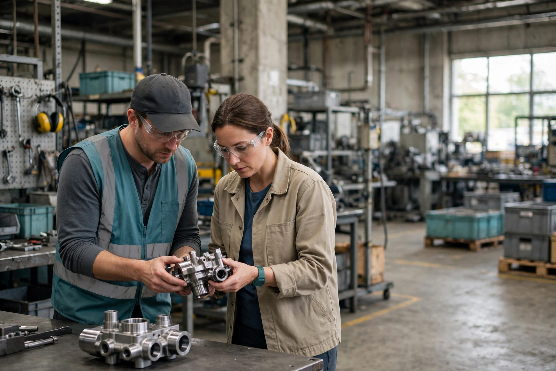 A man in a safety vest and cap and a woman in a tan jacket inspect a metal component in a factory.