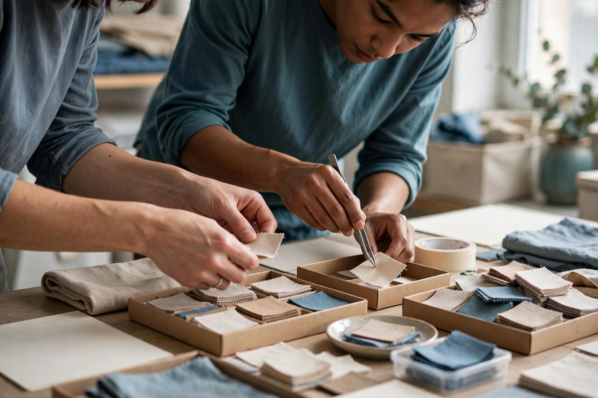 Two people are working together in a studio, meticulously organizing small fabric samples into boxes.