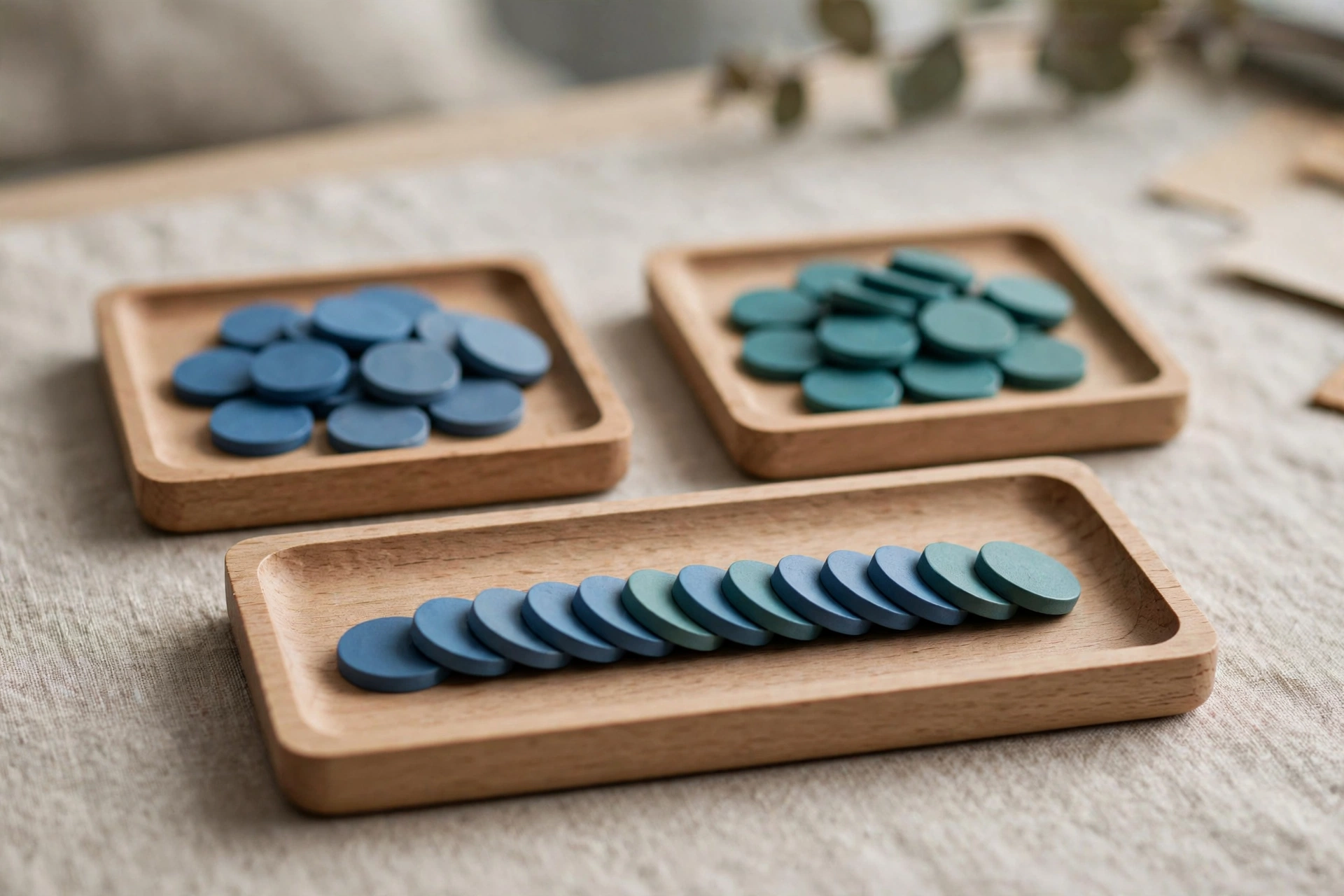 Three wooden trays with blue and teal tokens arranged to show integration and recovery.