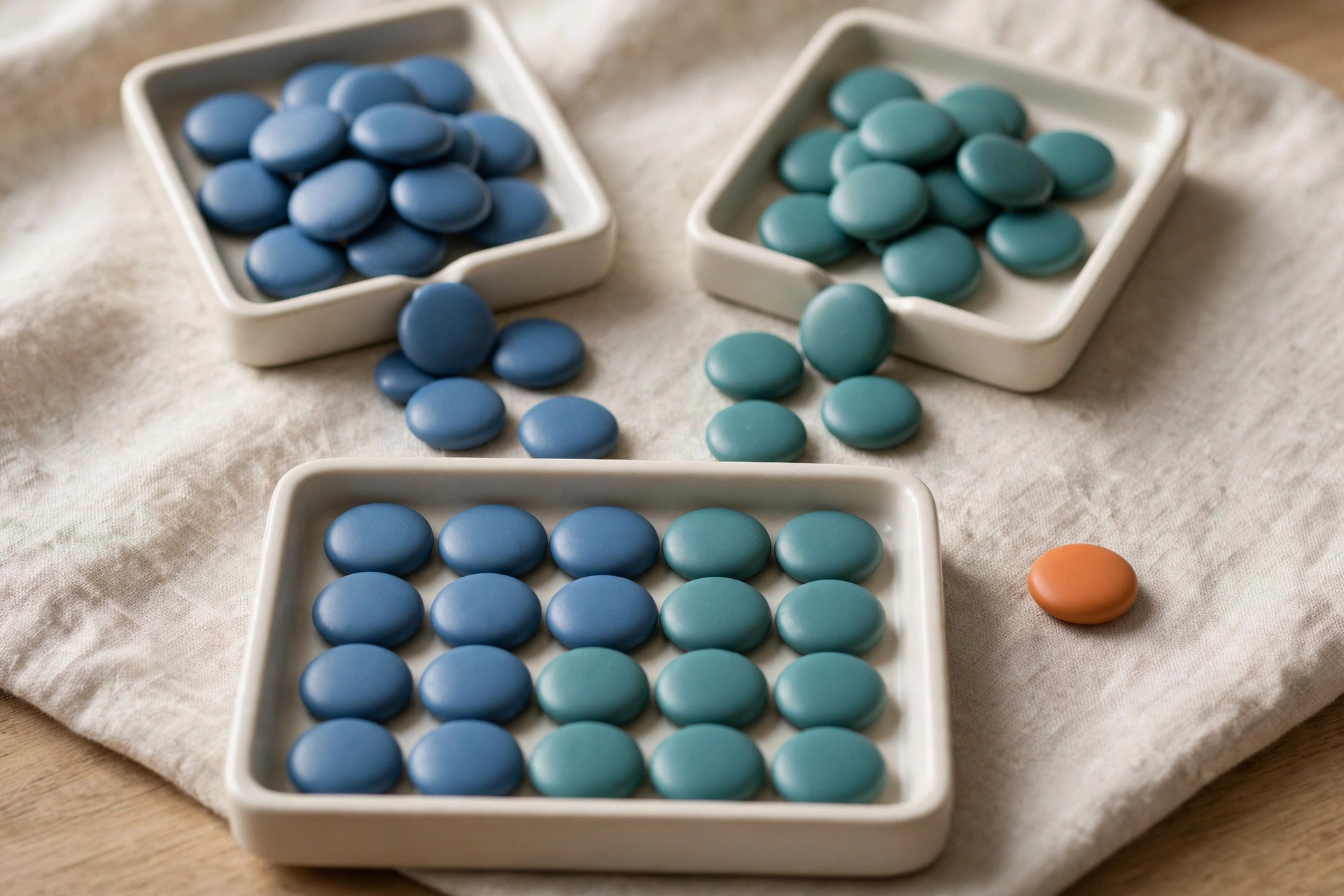 Two square trays of blue and teal tokens converge into a single rectangular tray, with one orange token beside it on a cloth.