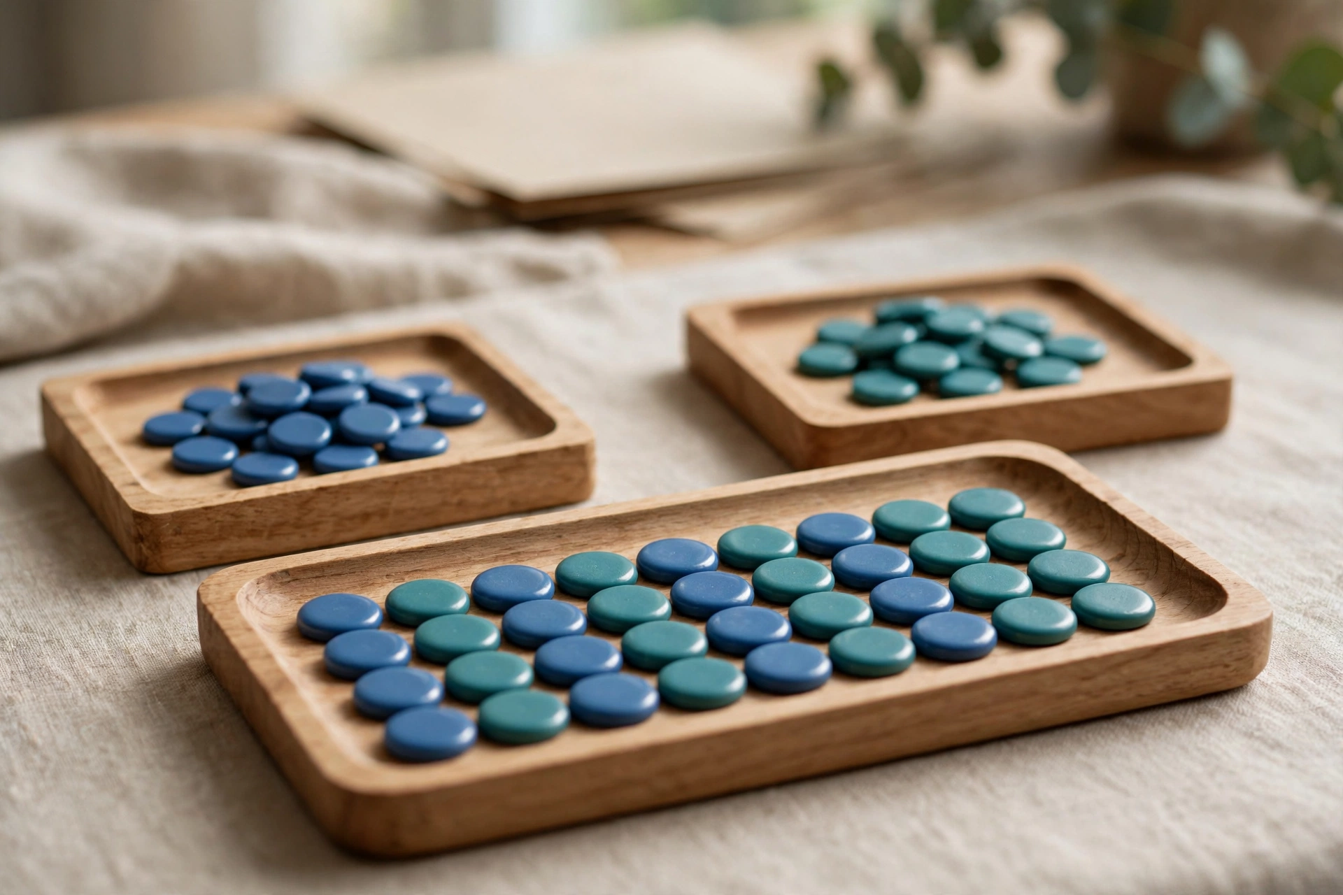 Three wooden trays with blue and teal tokens are arranged to show data consolidation.