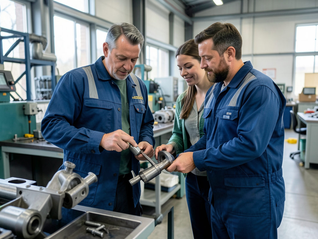 A man in blue overalls shows a metal component to a woman and another man in a factory setting.