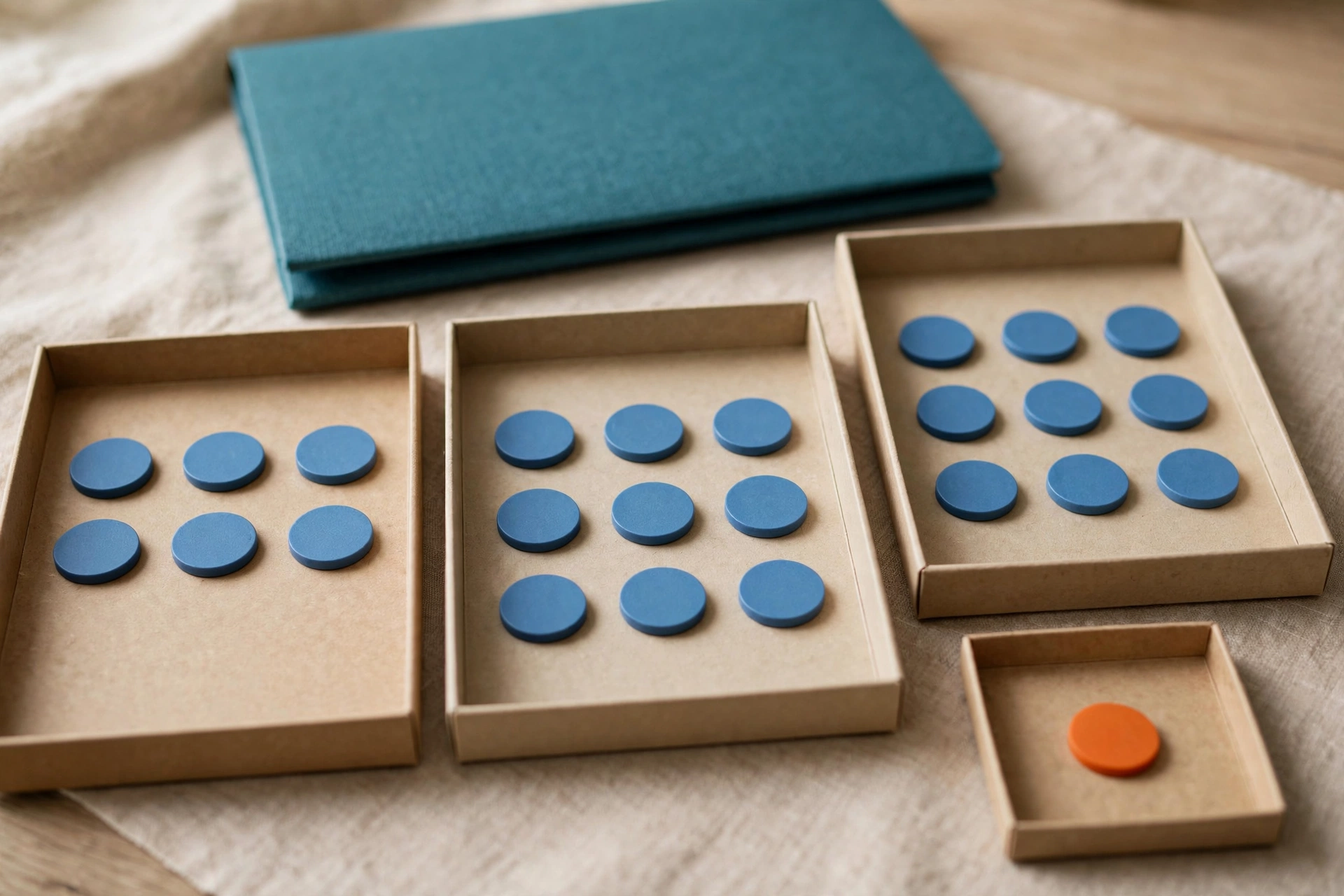 Blue tokens are distributed in three sorting trays, with one orange token isolated in a smaller tray, and a teal folder behind.