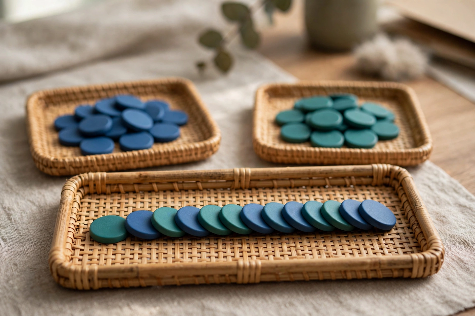 Two small trays of blue and teal tokens converge into a larger tray with a neat sequence of both colors.
