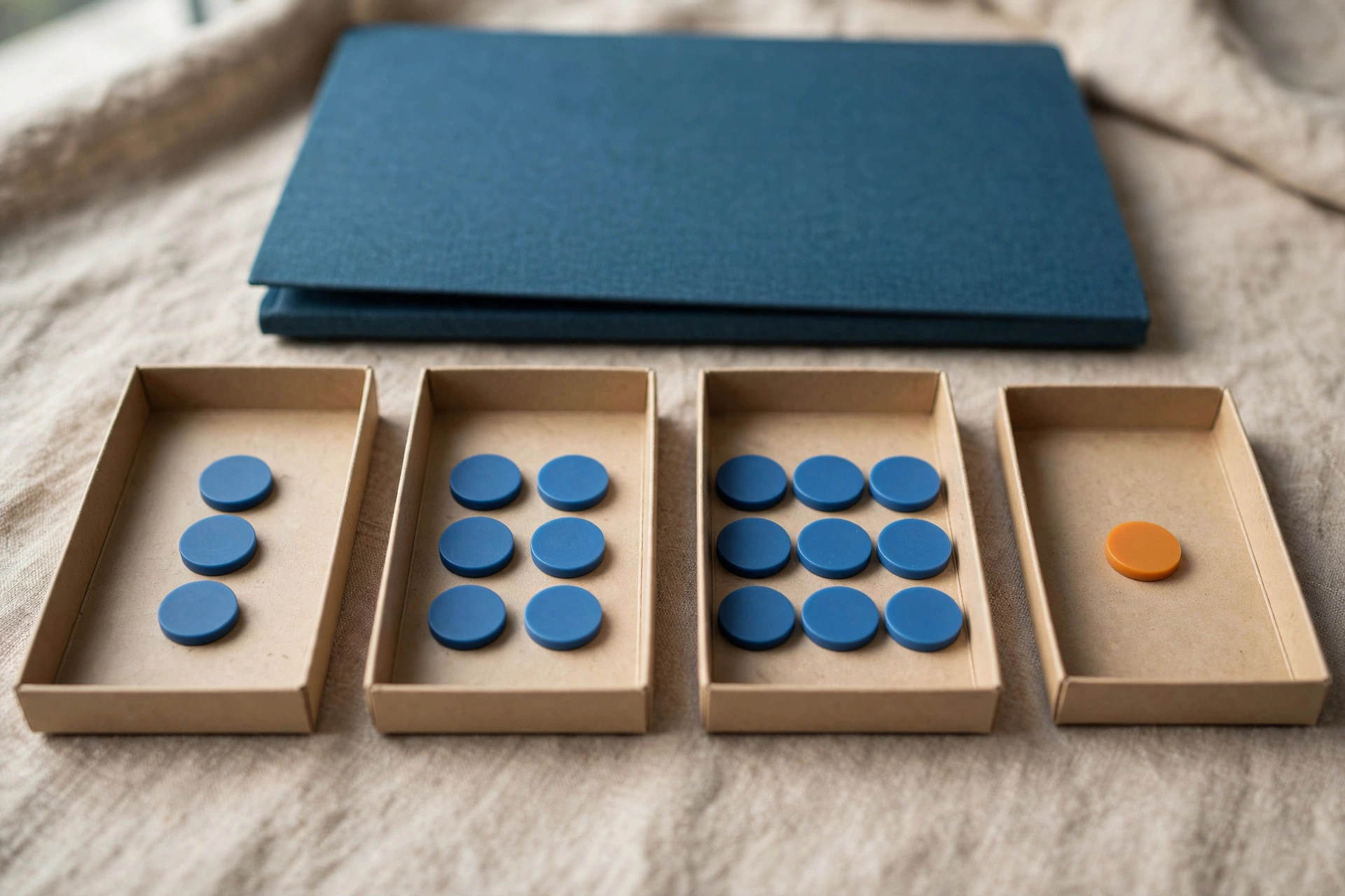 Four shallow trays with blue tokens and one tray with an orange token sit on a textured surface, with a closed blue folder behind them.