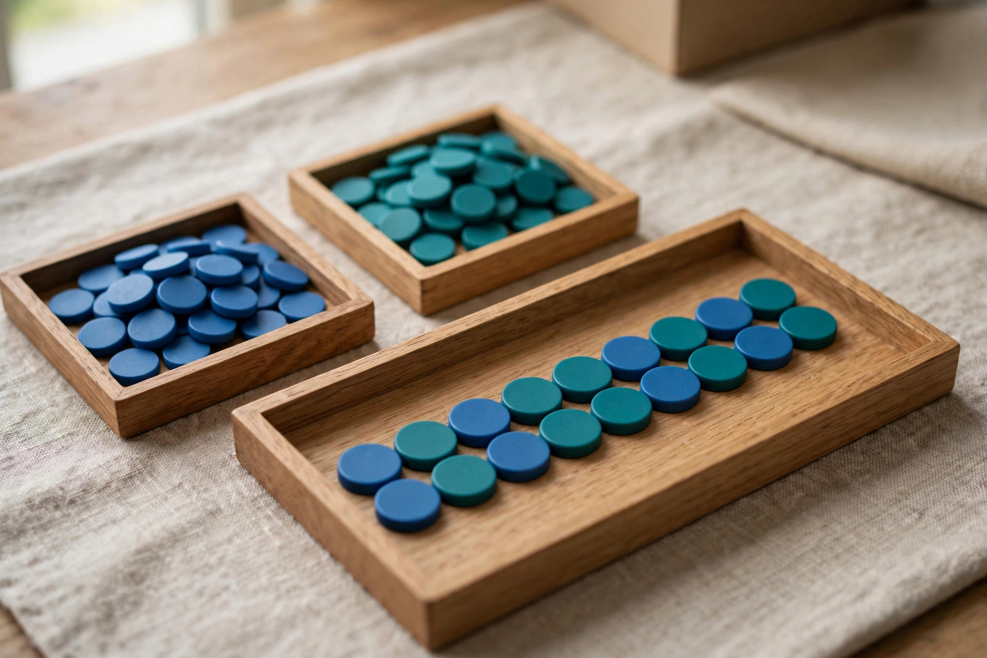 Two wooden trays hold separate piles of blue and teal tokens, while a third tray displays a neat sequence of both colors, symbolizing integration.