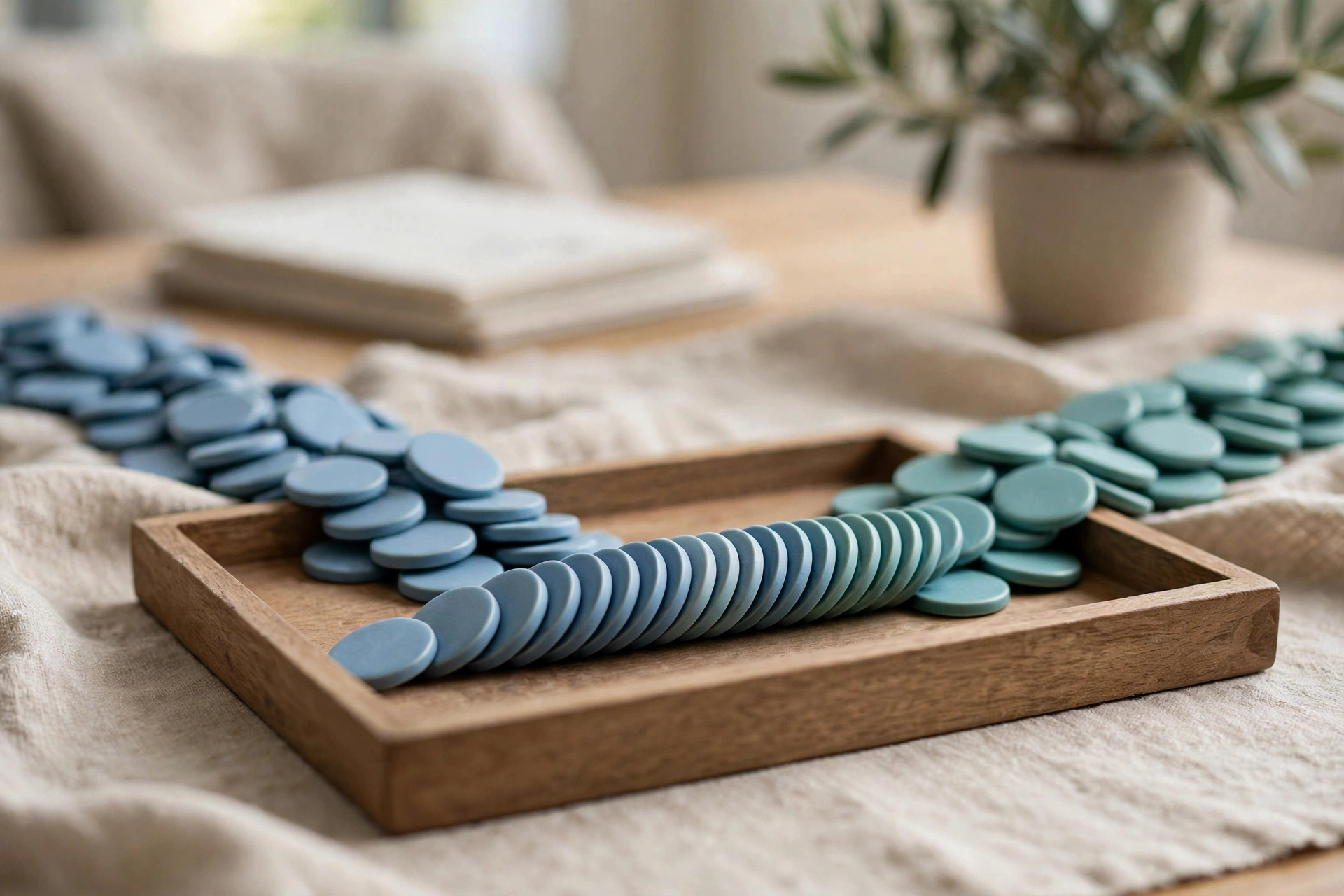 Two streams of blue and teal ceramic tokens converge into one neat ordered row inside a central shallow sorting tray.
