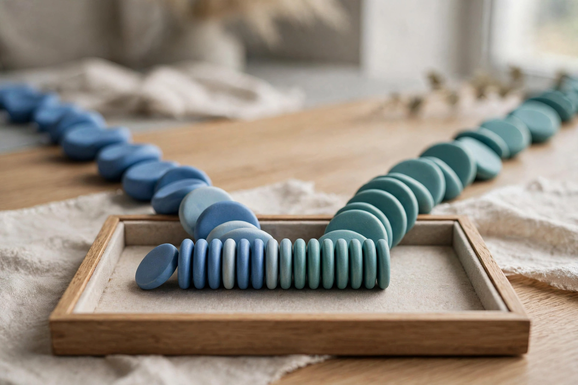 Two streams of blue and teal ceramic tokens converge into one neat ordered row inside a central shallow sorting tray.