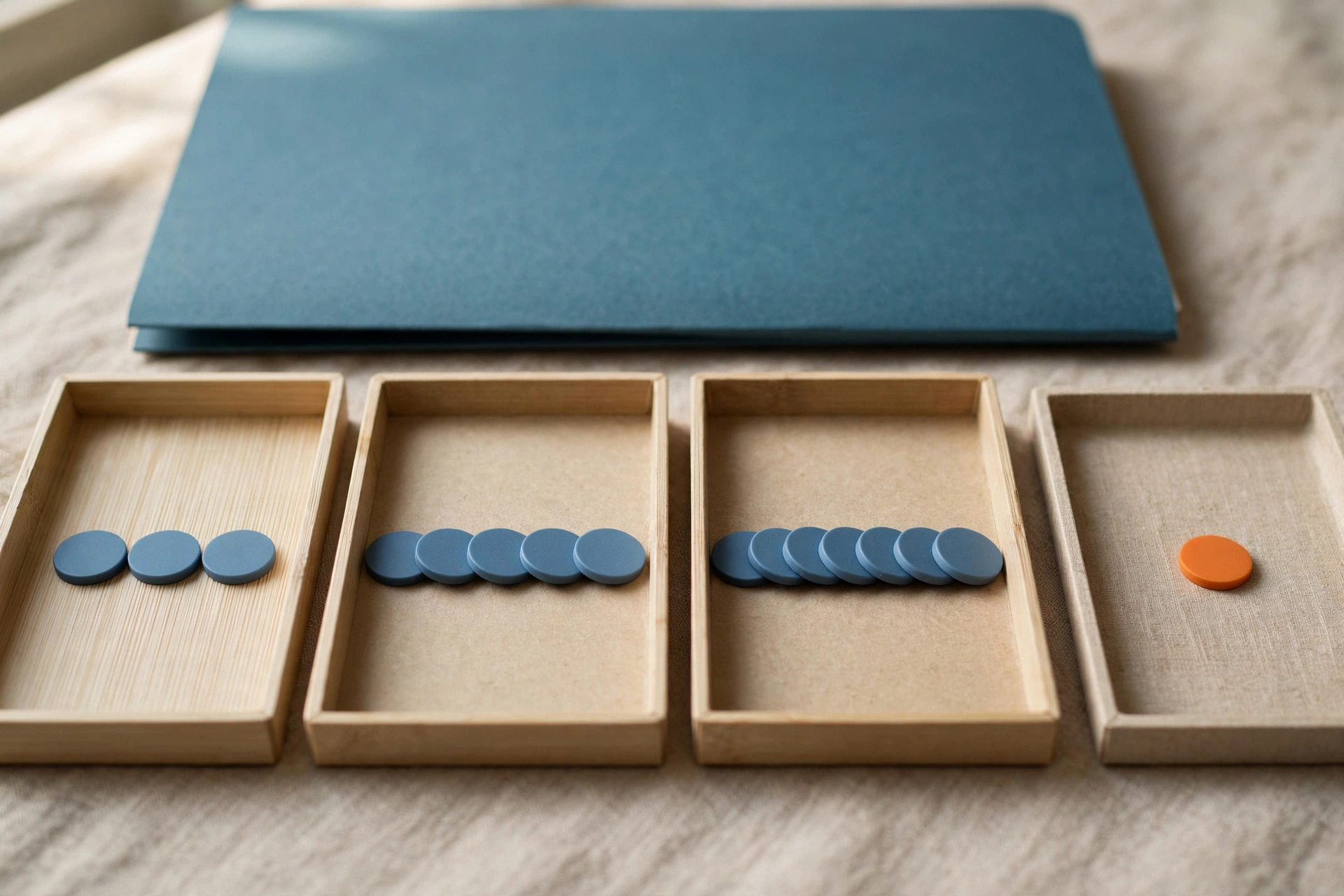 Four shallow trays with blue tokens in the first three and an orange token in the fourth, with a blue folder behind.