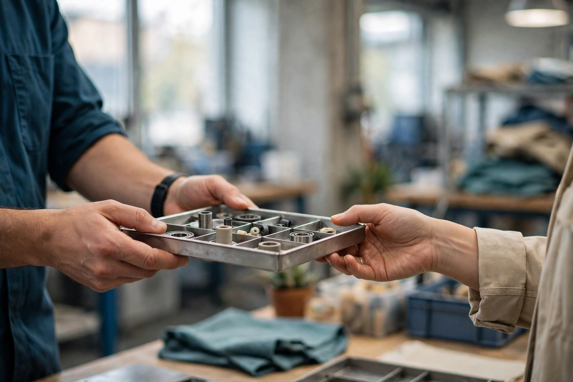 A plant operations colleague hands a sample tray of parts to a customer-facing teammate in a bright manufacturing workshop.