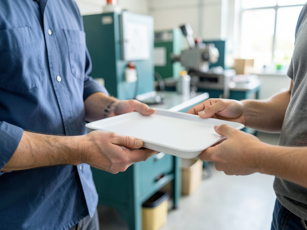 A plant operations colleague hands a plain sample tray to a customer-facing teammate in a bright manufacturing workshop.