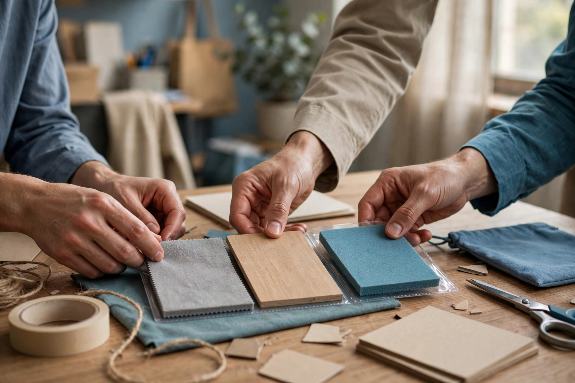 Three people's hands arrange material samples on a wooden table in a workshop setting.
