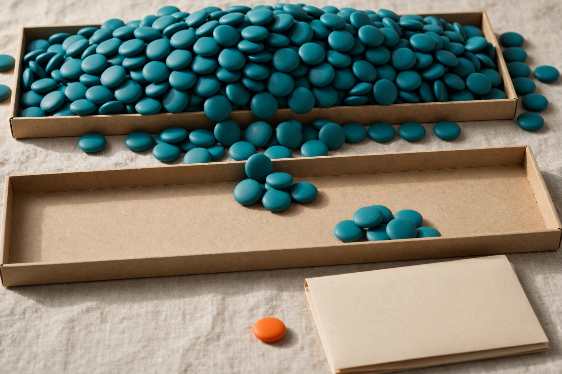 Two cardboard trays hold teal tokens, with an orange token and a blank folder on a textured surface.
