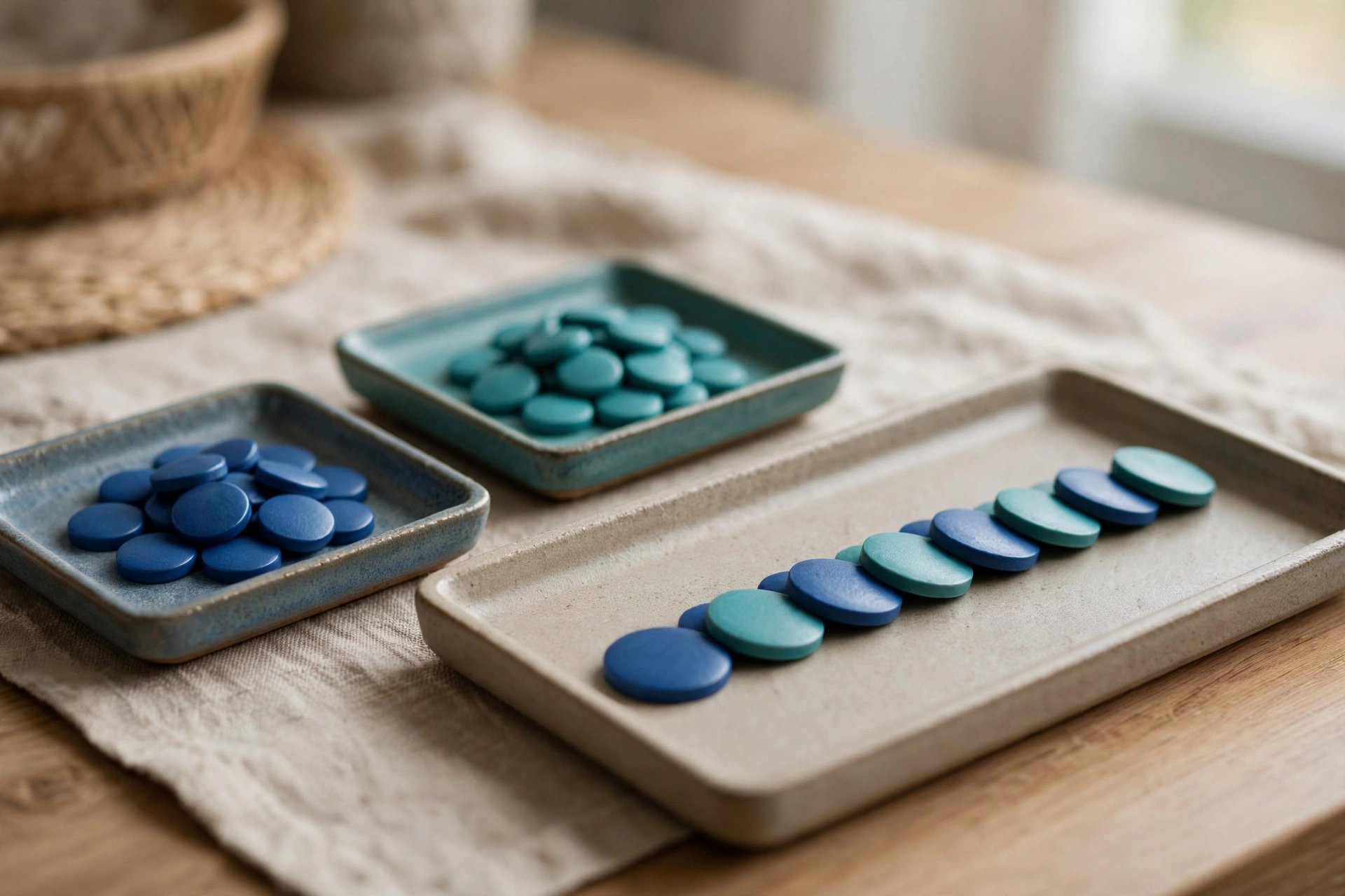 Two small square trays of blue and teal tokens are shown, with a larger rectangular tray holding a neat sequence of both colors.