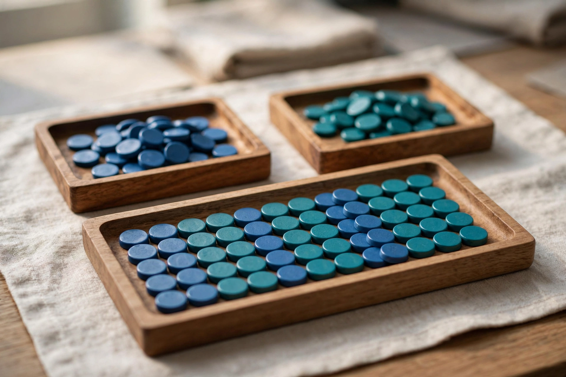 Three wooden trays of blue and teal tokens are arranged on a textured cloth, with one tray showing a neat sequence of both colors.