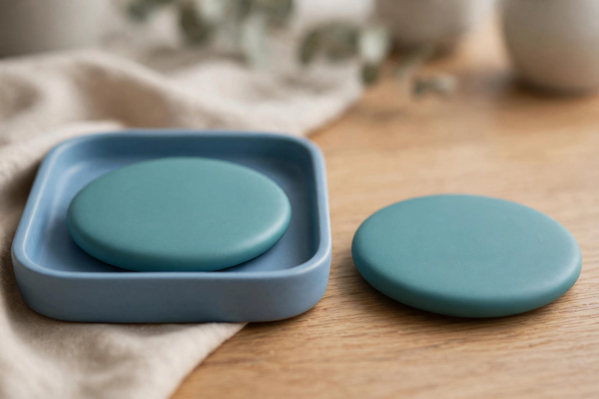 Two identical teal discs are shown on a wooden desk; one sits in a blue tray, the other is placed separately beside it.