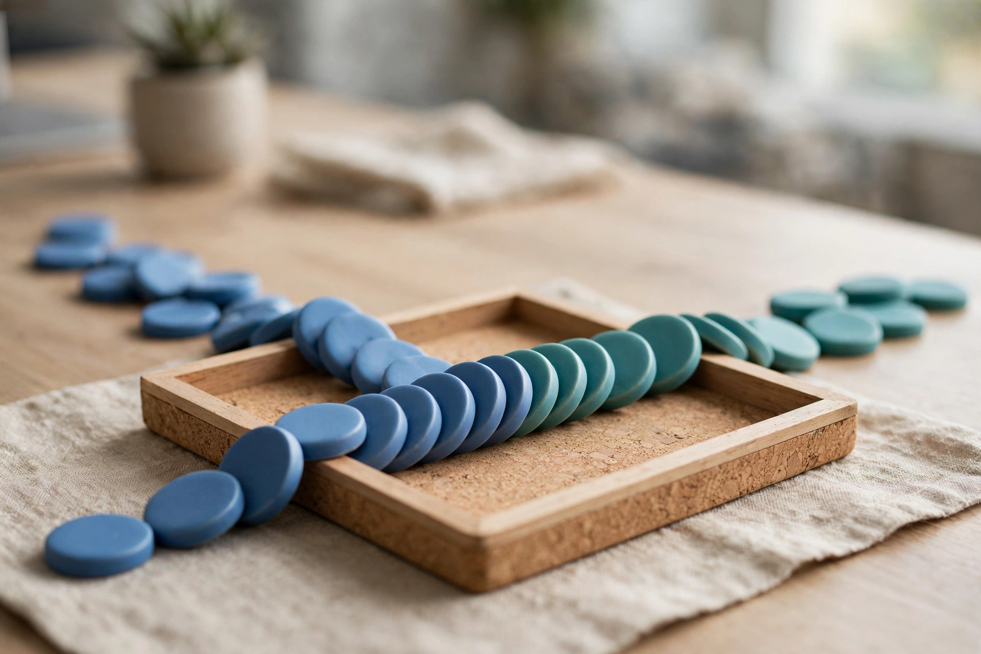 Blue and teal ceramic tokens converge into a neat row within a shallow sorting tray on a wooden desk.