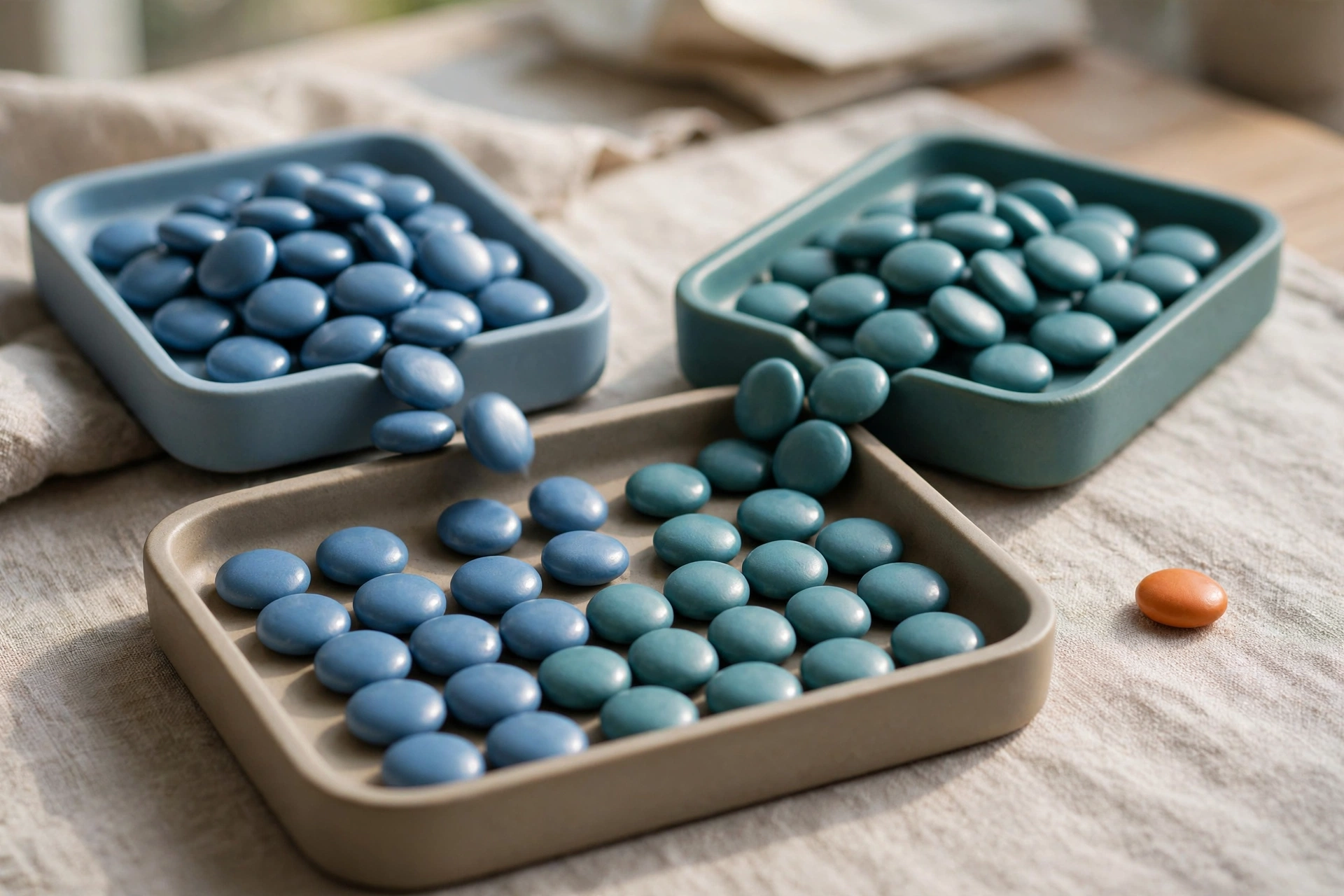 Two square trays of blue and teal tokens pour into a single larger tray, with one orange token to the side.