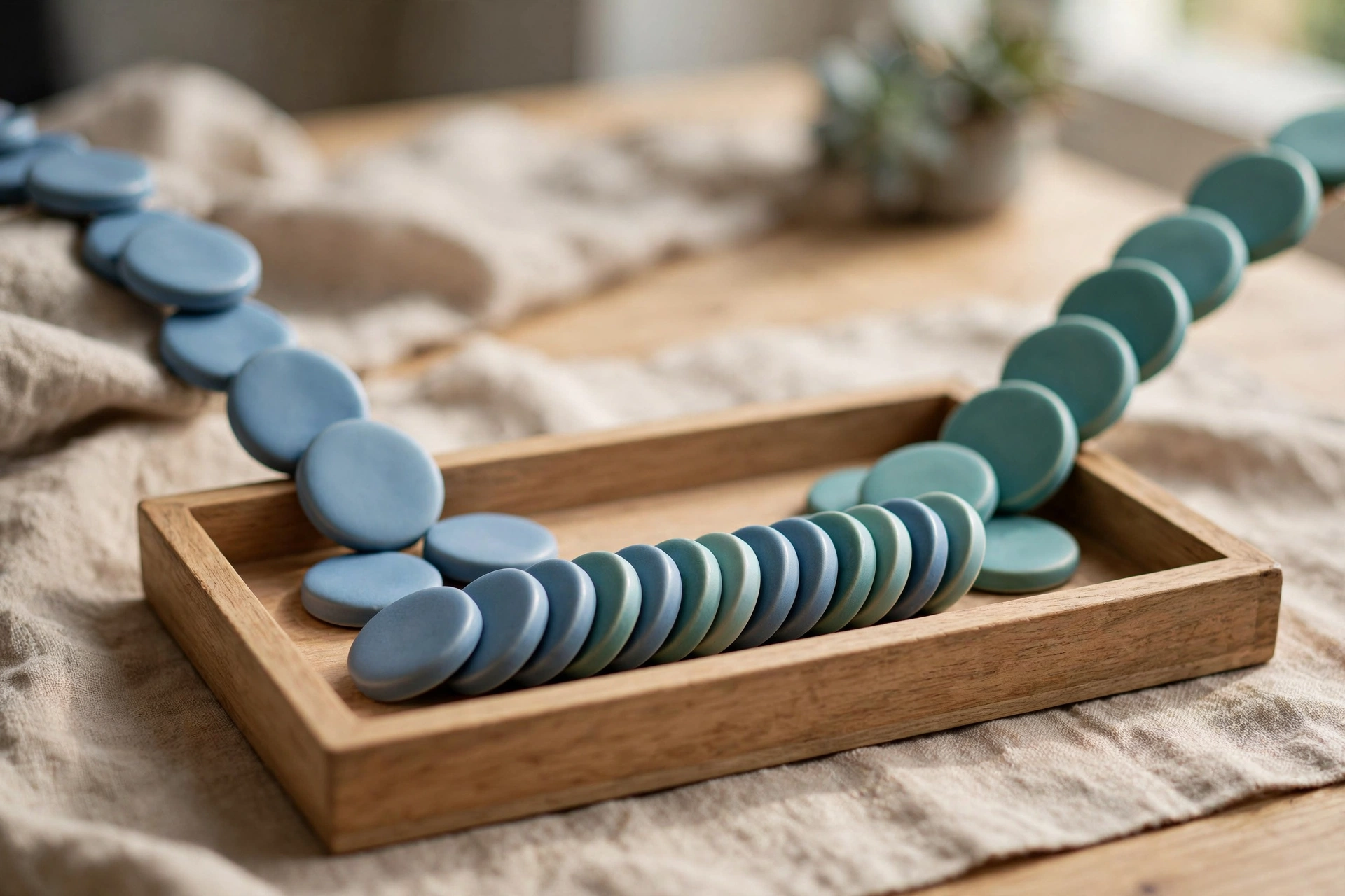 Two streams of blue and teal ceramic tokens converge into a single ordered row within a wooden tray on a neutral cloth.