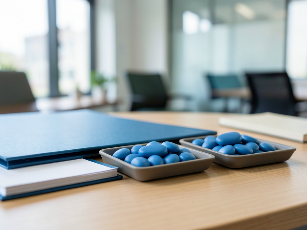 Blue tokens are arranged in trays on a wooden desk in front of a blurred office background.