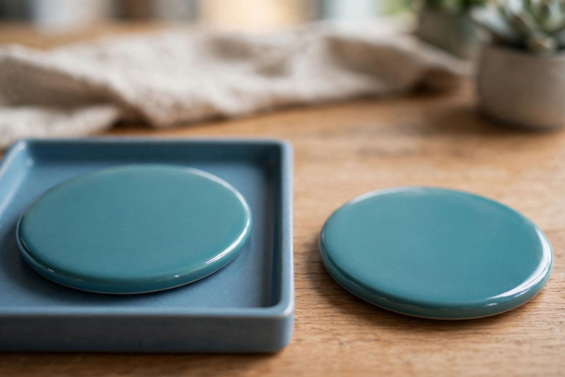 Two identical teal ceramic discs are shown on a wooden desk; one disc is inside a blue tray, and the other is placed separately next to it.
