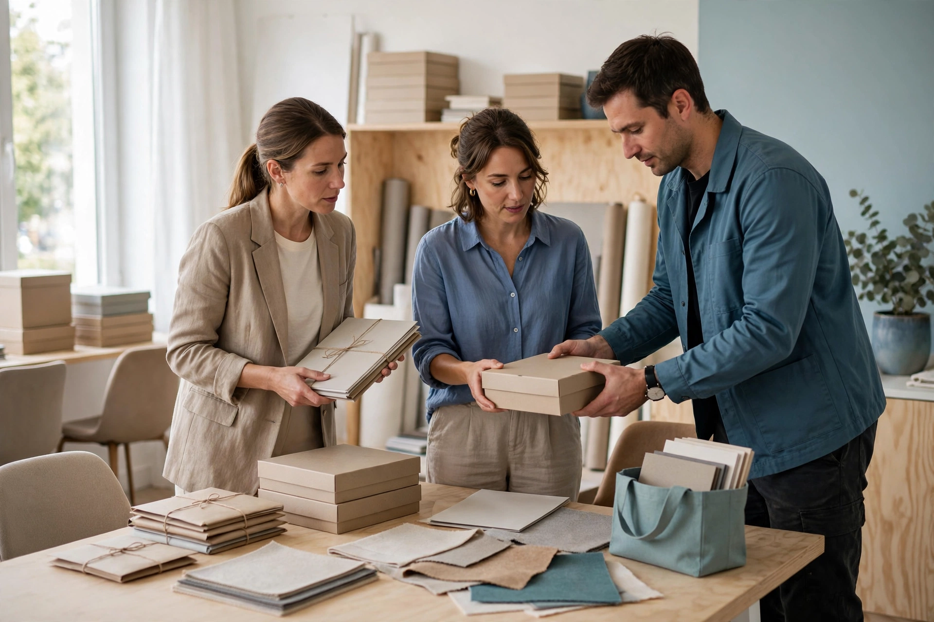 Three people are gathered around a table in a bright project room, examining sample materials and boxes.