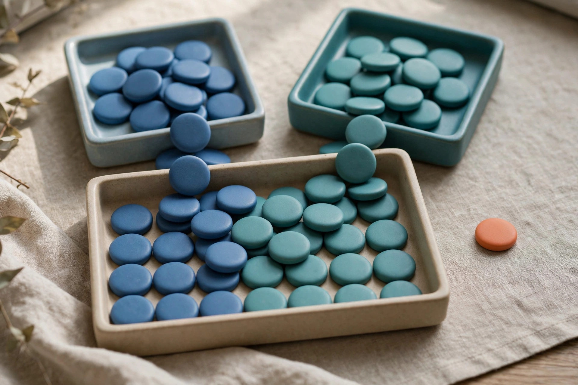 Two square trays of blue and teal tokens feed into a single rectangular tray, with one orange token beside it on a textured surface.
