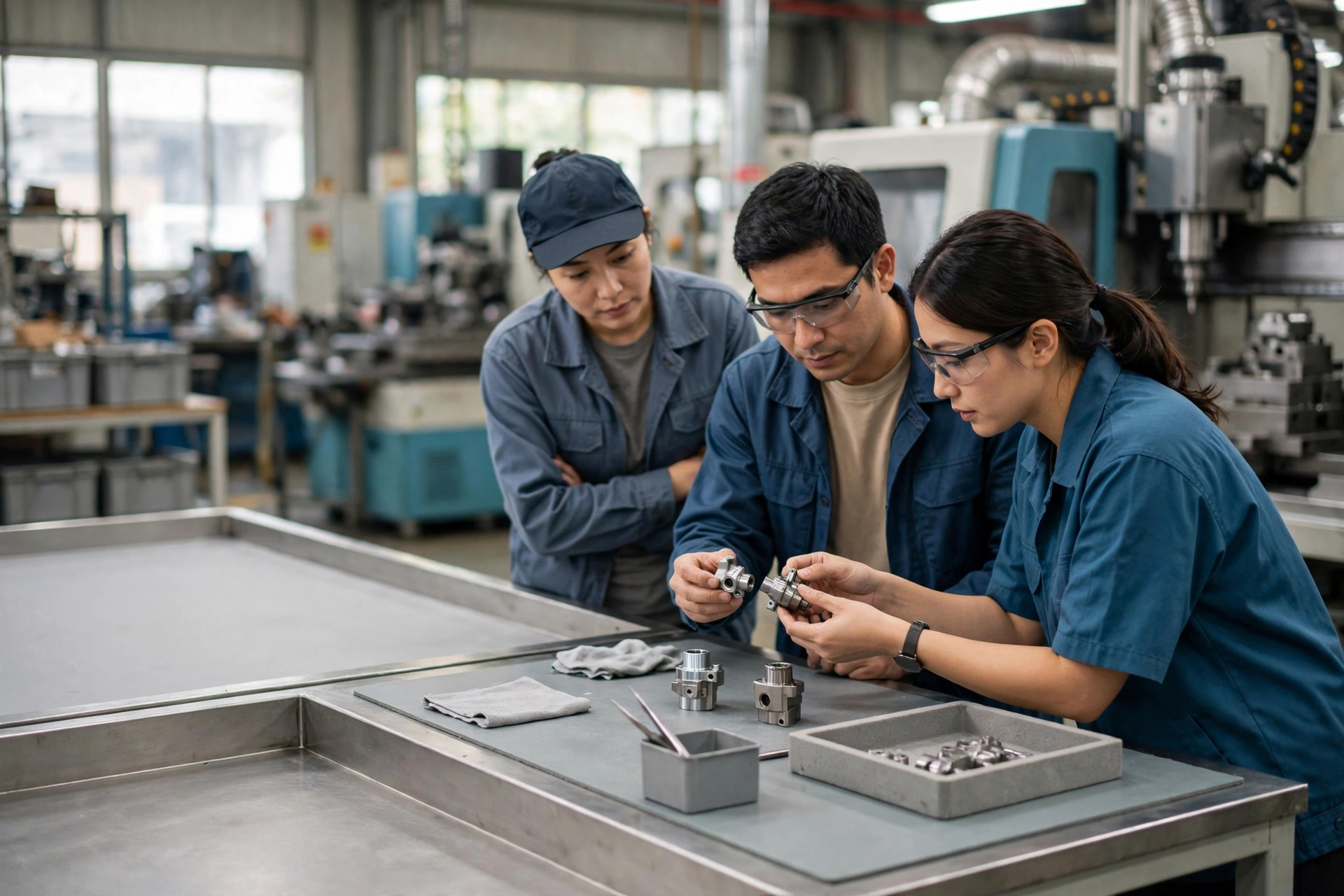 Three manufacturing workers in plain clothing and safety glasses compare metal parts at a clean assembly station with machinery in the background.