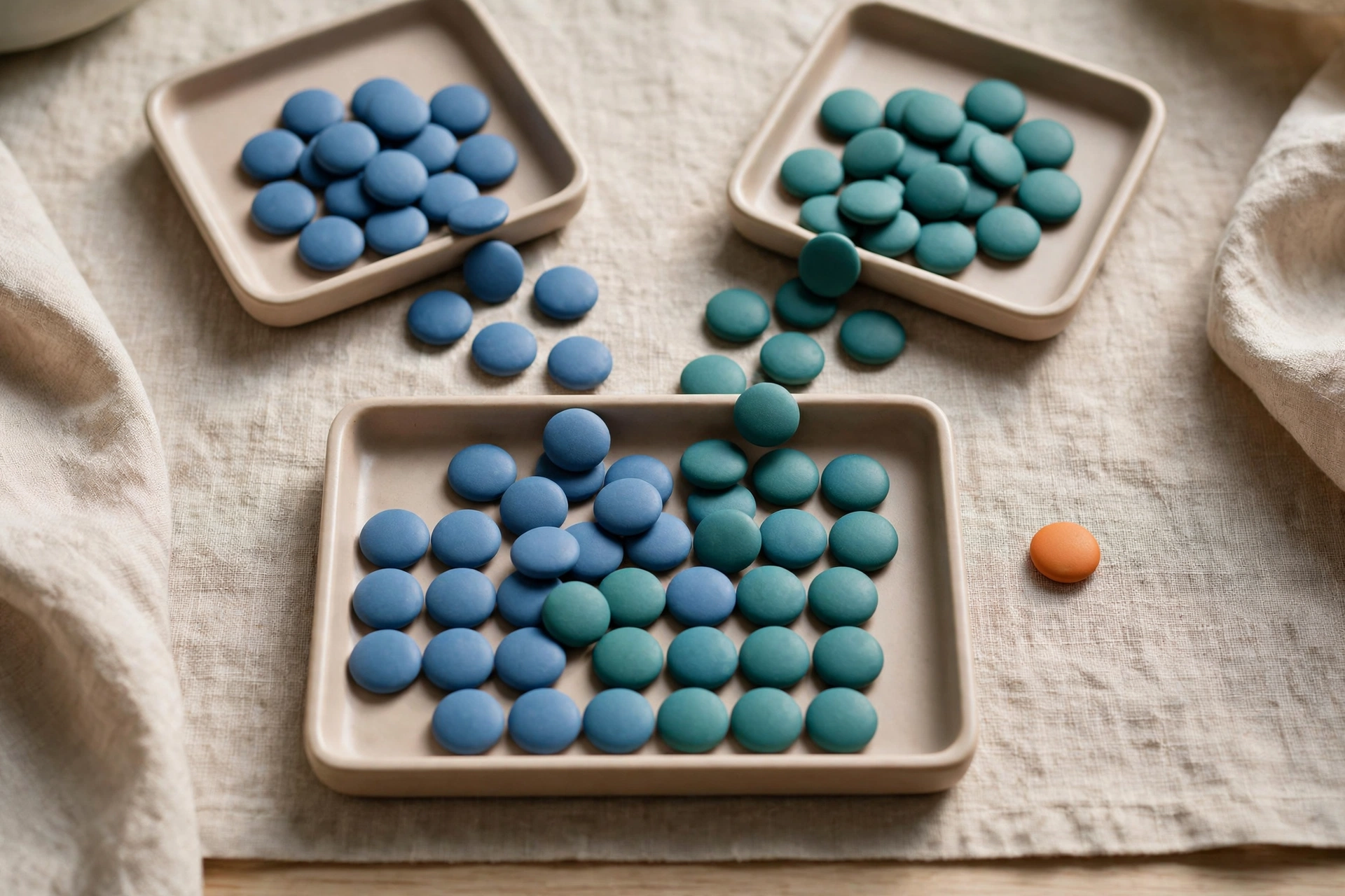 Two square trays of blue and teal tokens are shown, with tokens spilling into a larger central tray, and one orange token sits to the side.