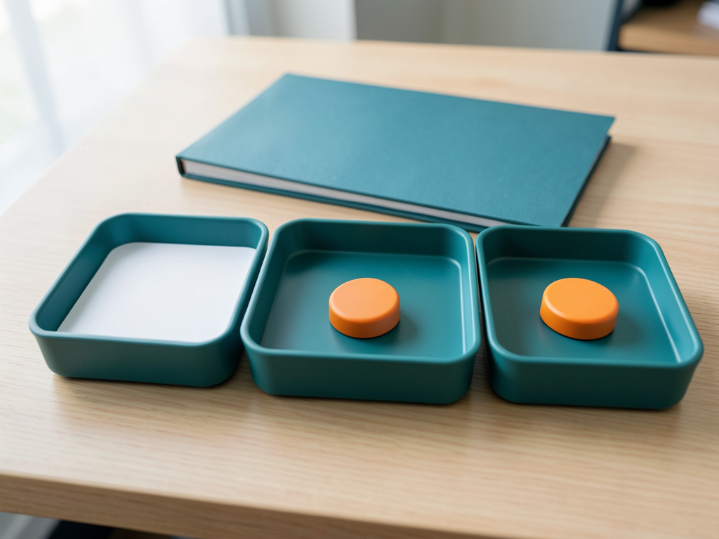 Three teal sorting trays with blank tokens and a closed teal folder on a wooden desk.