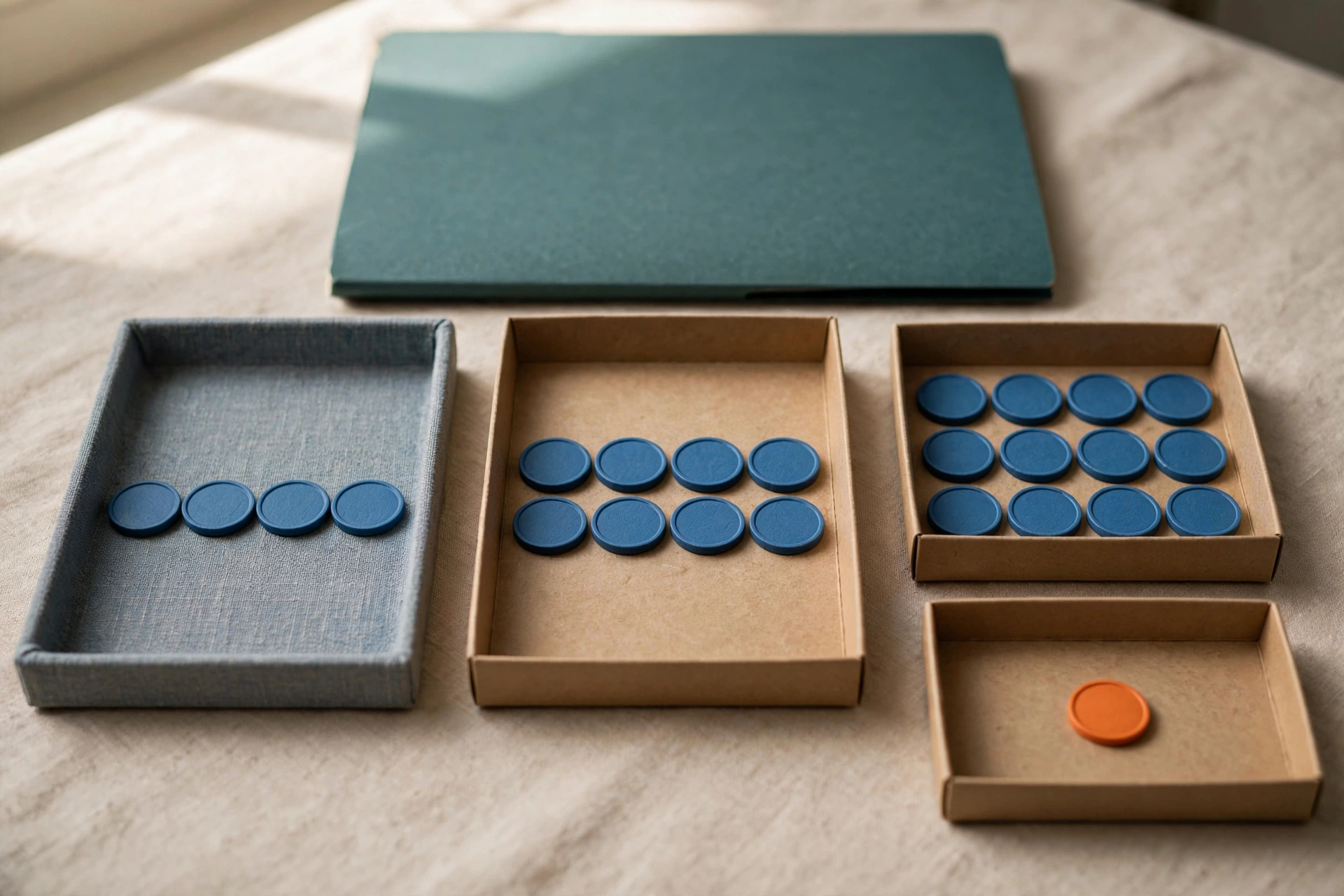 Four blue tokens are in a tray, followed by eight blue tokens in another, then twelve blue tokens in a third, and one orange token in a fourth.