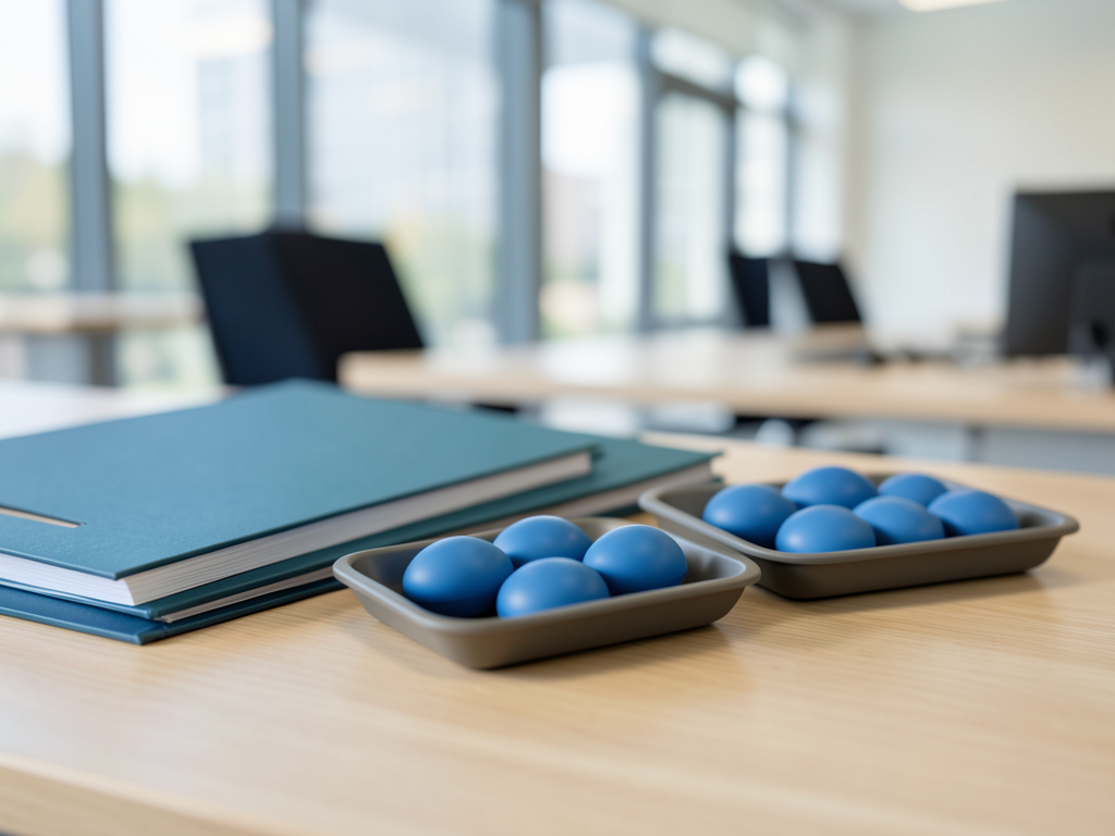 Blue tokens in trays and stacked folders are arranged on a desk in a modern office setting.