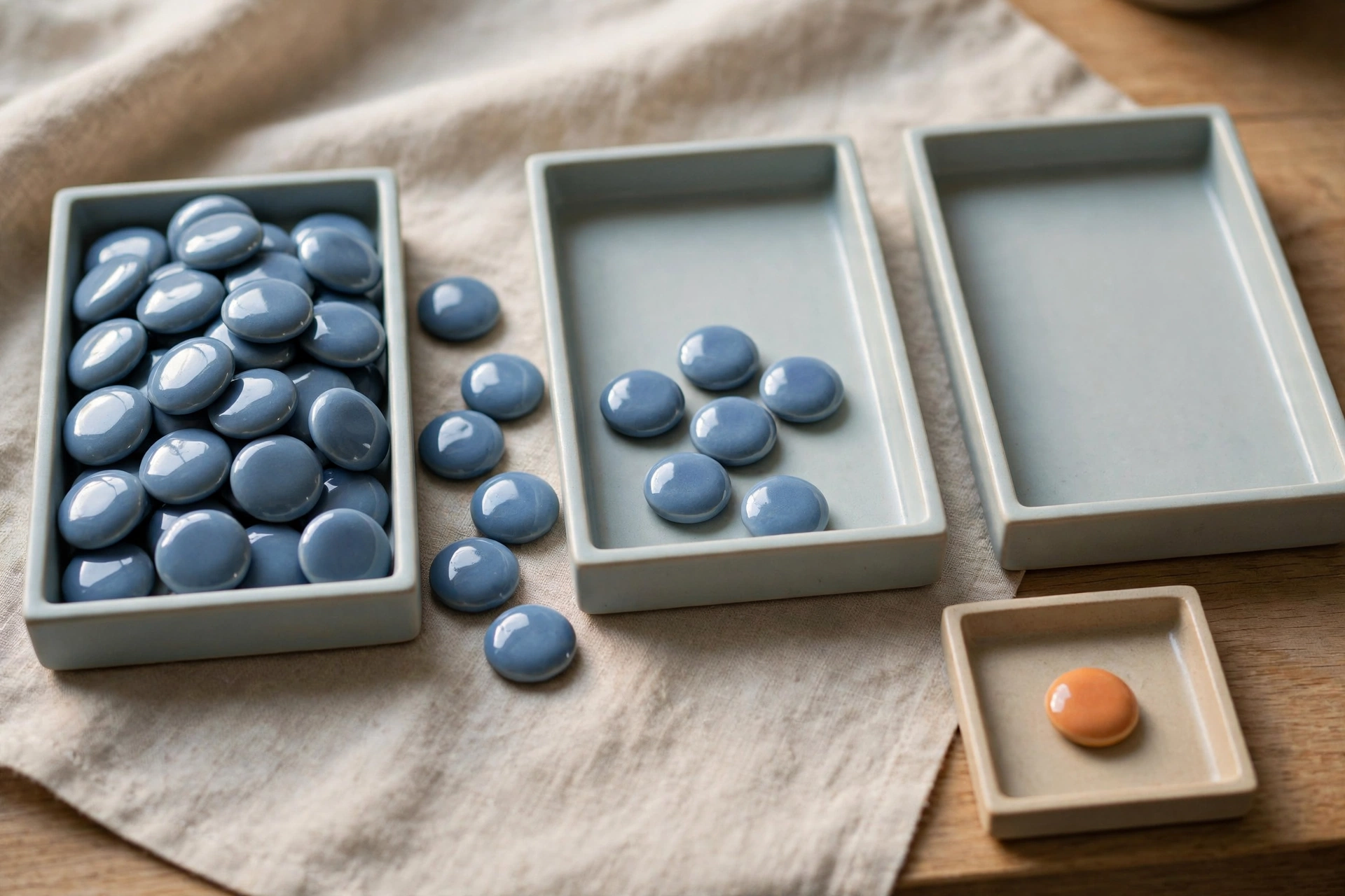 Three shallow trays hold blue ceramic tokens, with one tray containing an orange token, arranged on a textured cloth.