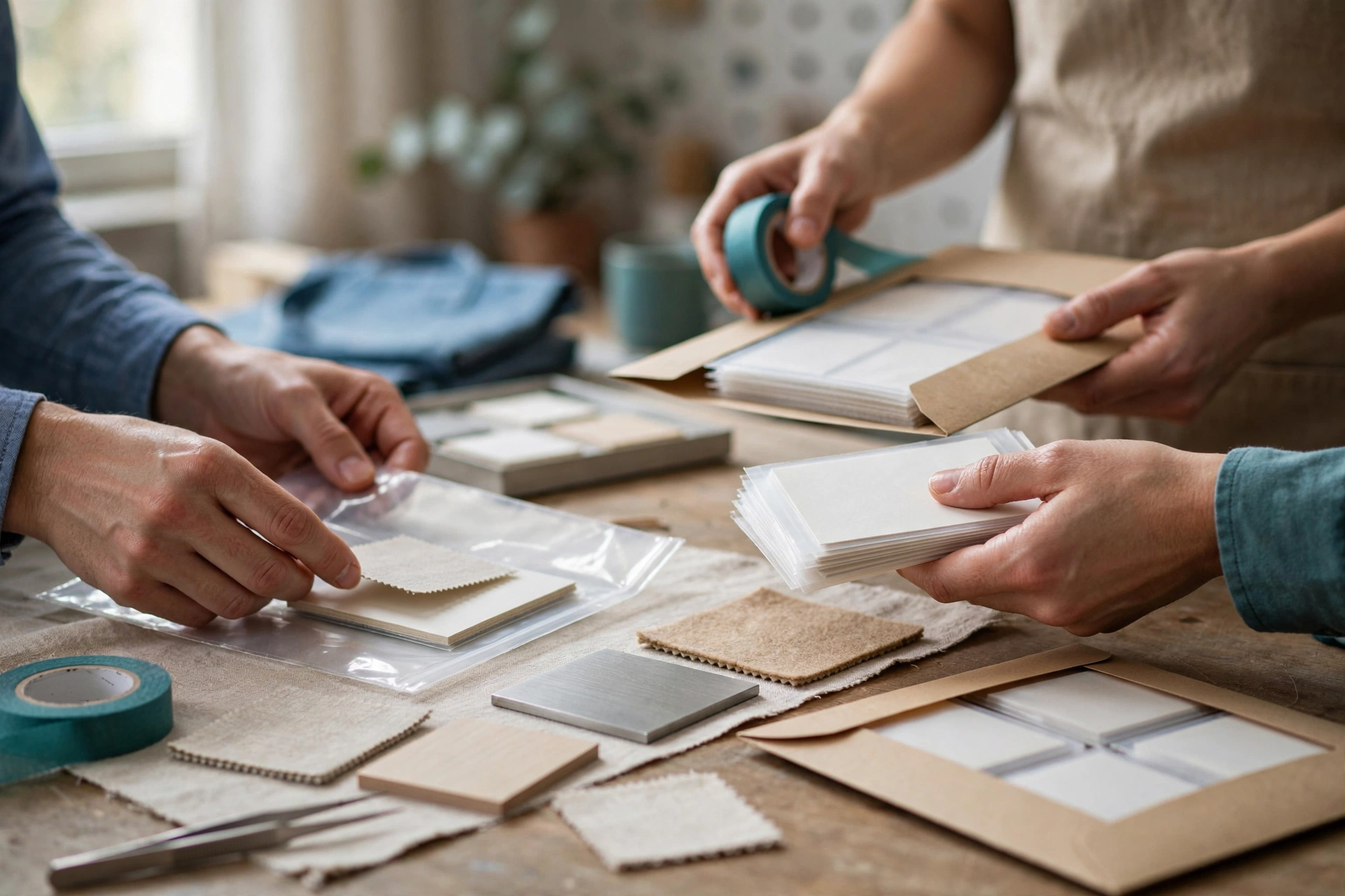 Two people are preparing material samples on a wooden table, one is holding tape and a folder, the other is holding a stack of cards.
