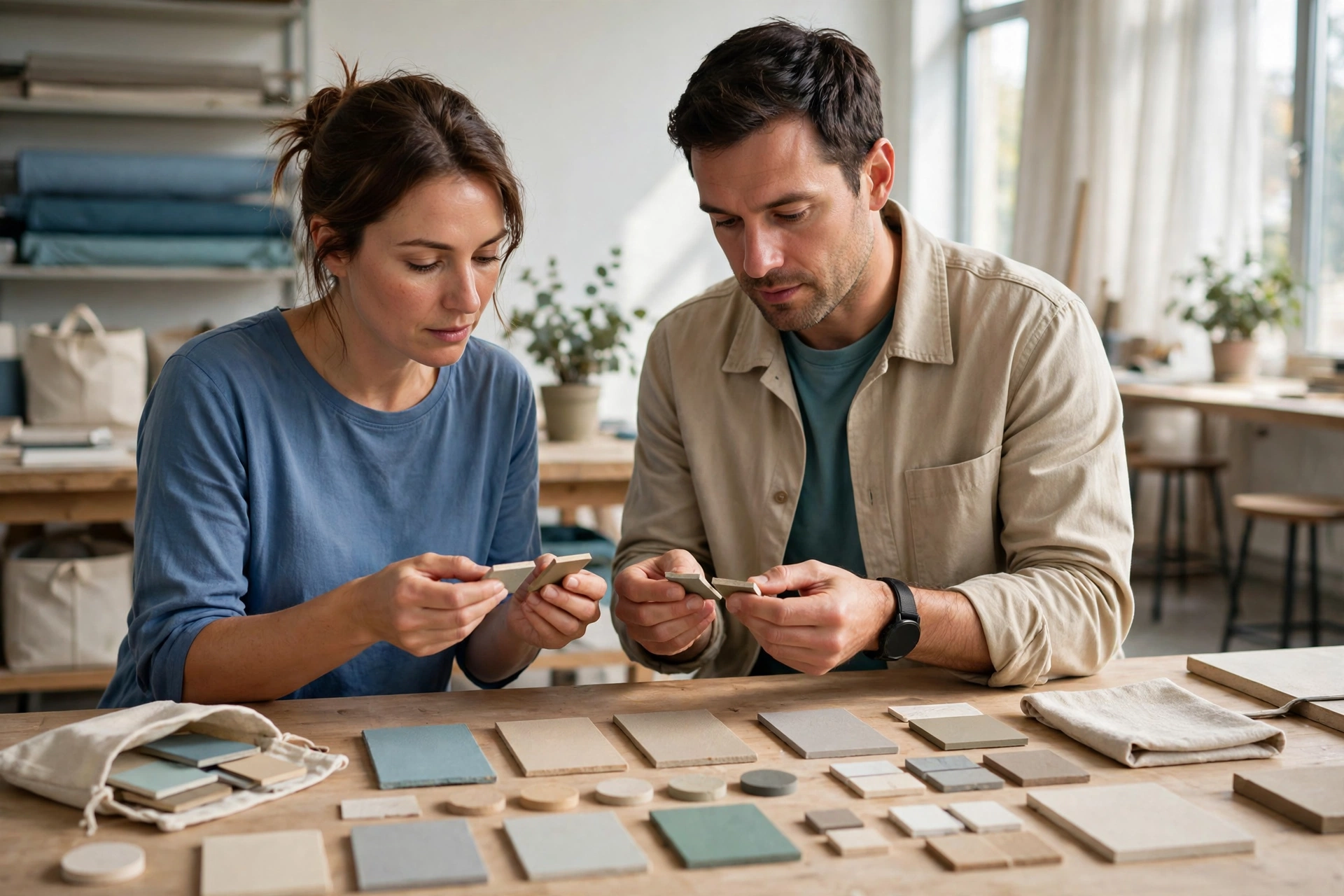 A man and a woman sit at a wooden table, examining small material samples during a client workshop.