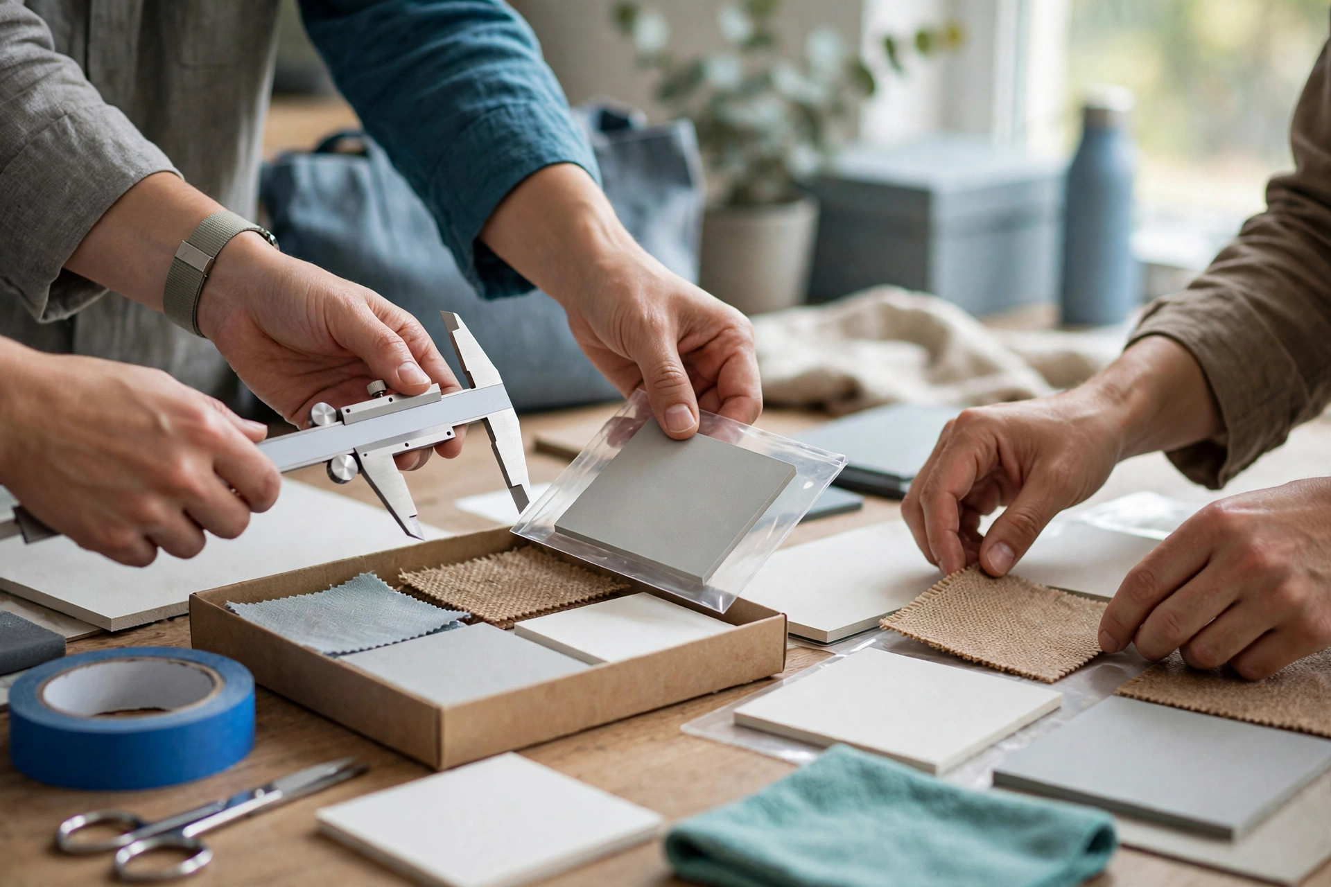 Hands use a caliper to measure a sample while others arrange material swatches on a wooden table in a bright workshop.