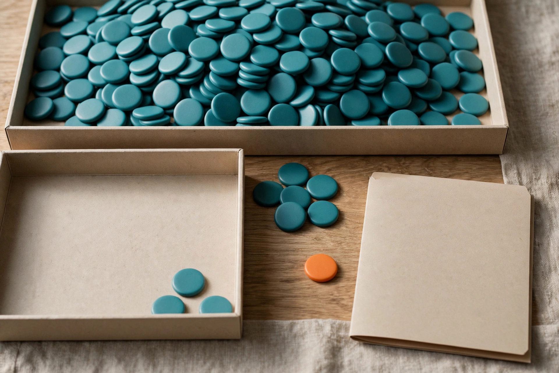 Teal tokens fill one tray, with a few tokens in another tray and a group between them, next to an orange token and a folder.